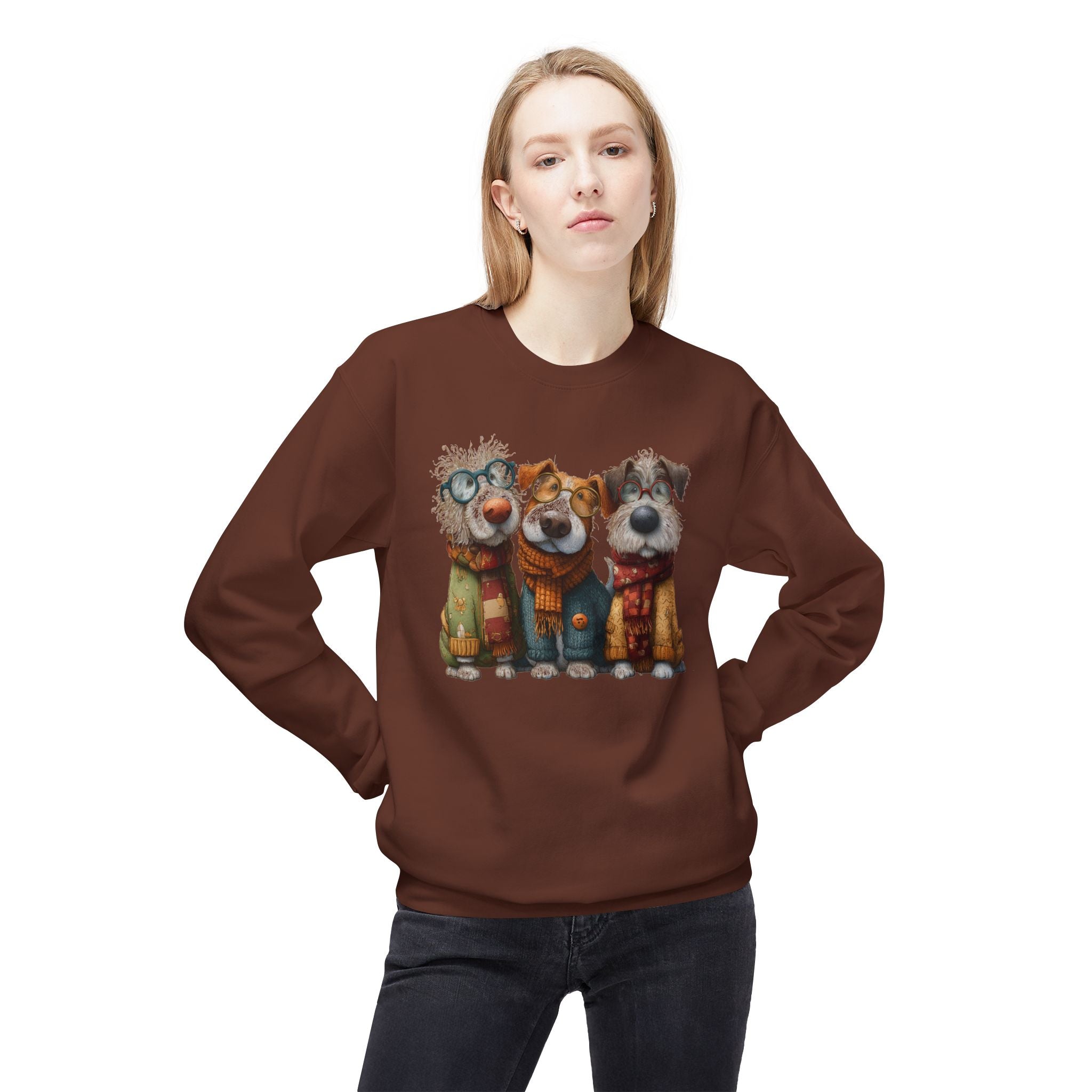 Three Cartoon Dogs in Scarves Sweatshirt | Cute Winter Pup Trio