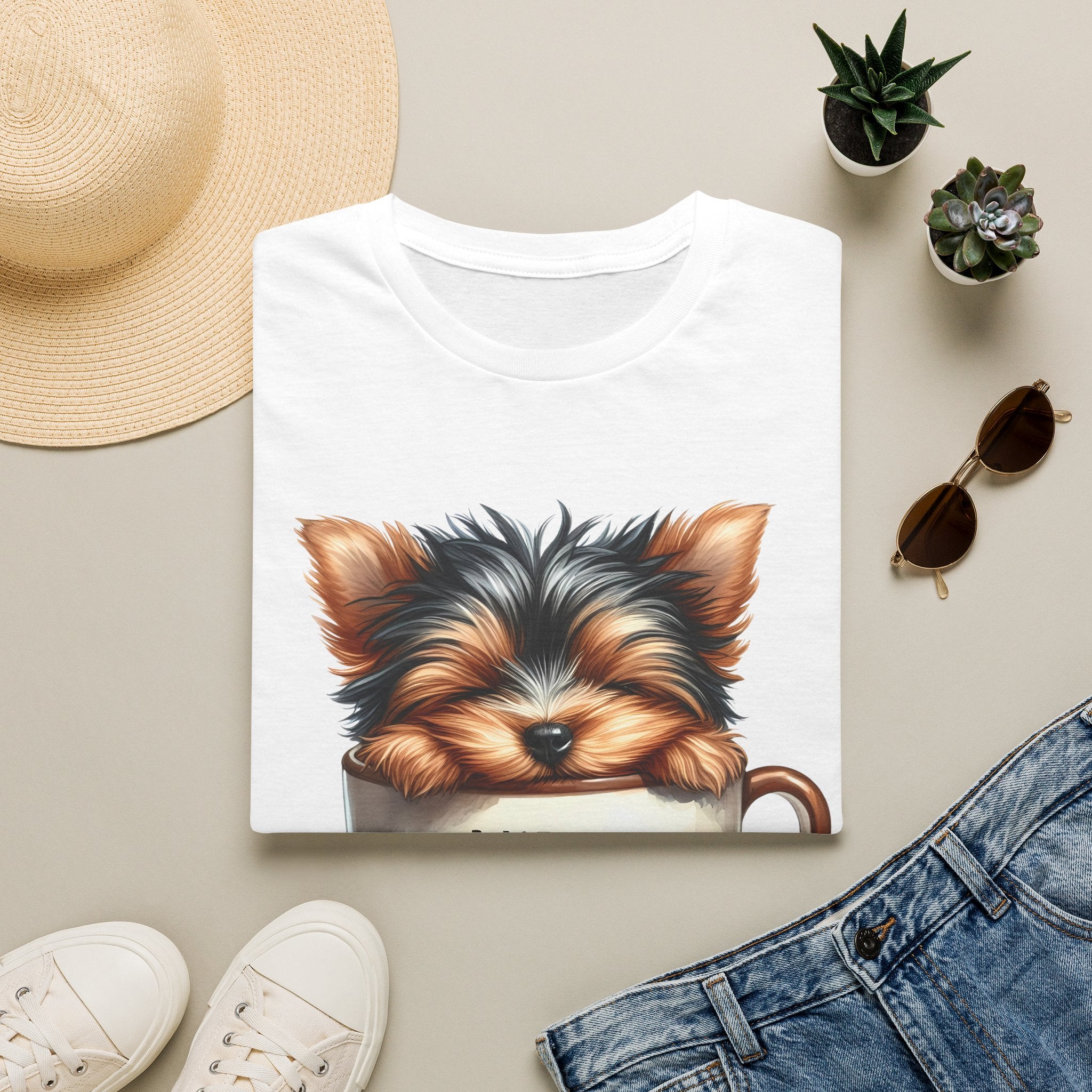 Cute Yorkie in Coffee Cup T-Shirt | I Need Coffee Puppy Graphic Tee