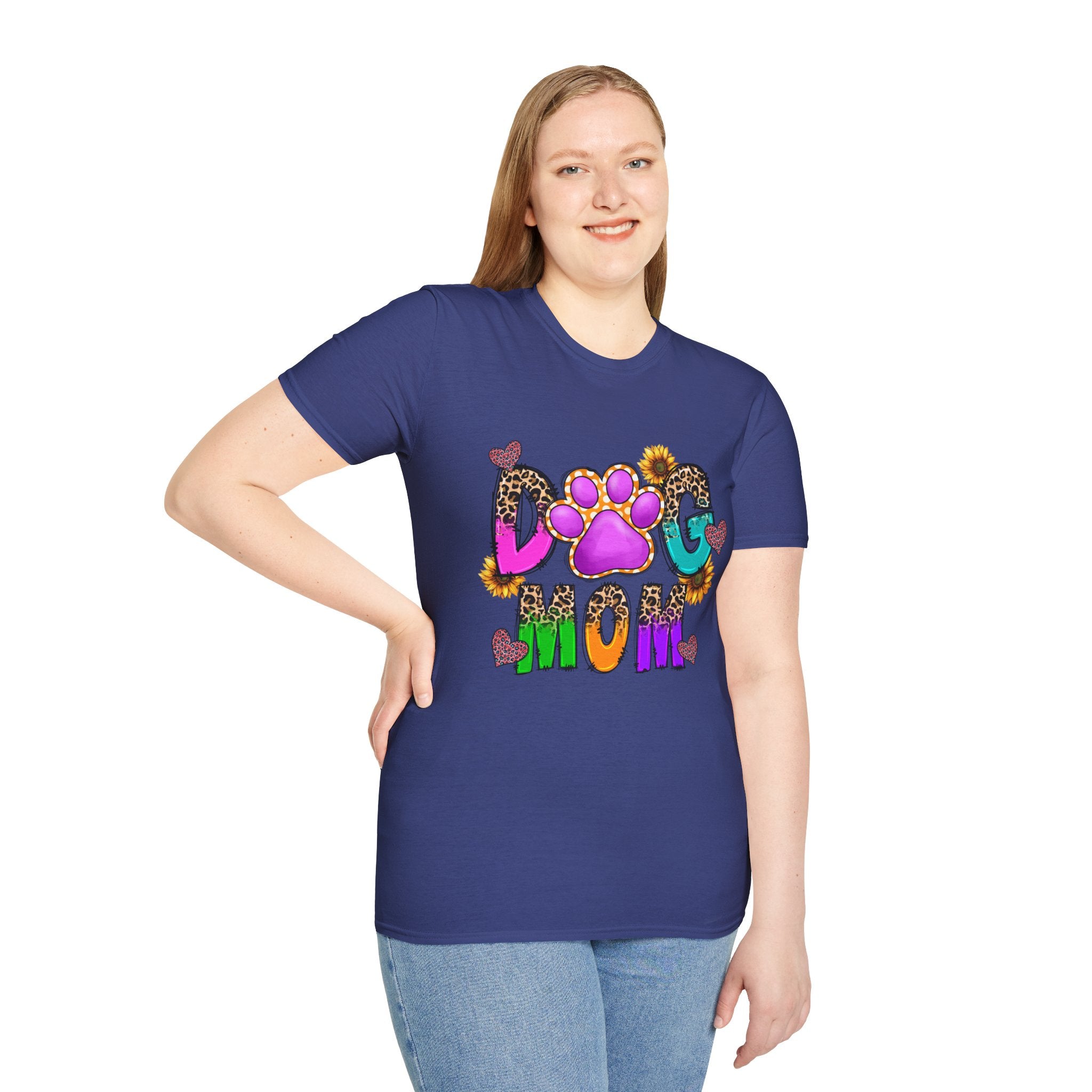 Dog Mom colorful paw print design T-Shirt | leopard hearts sunflower accents