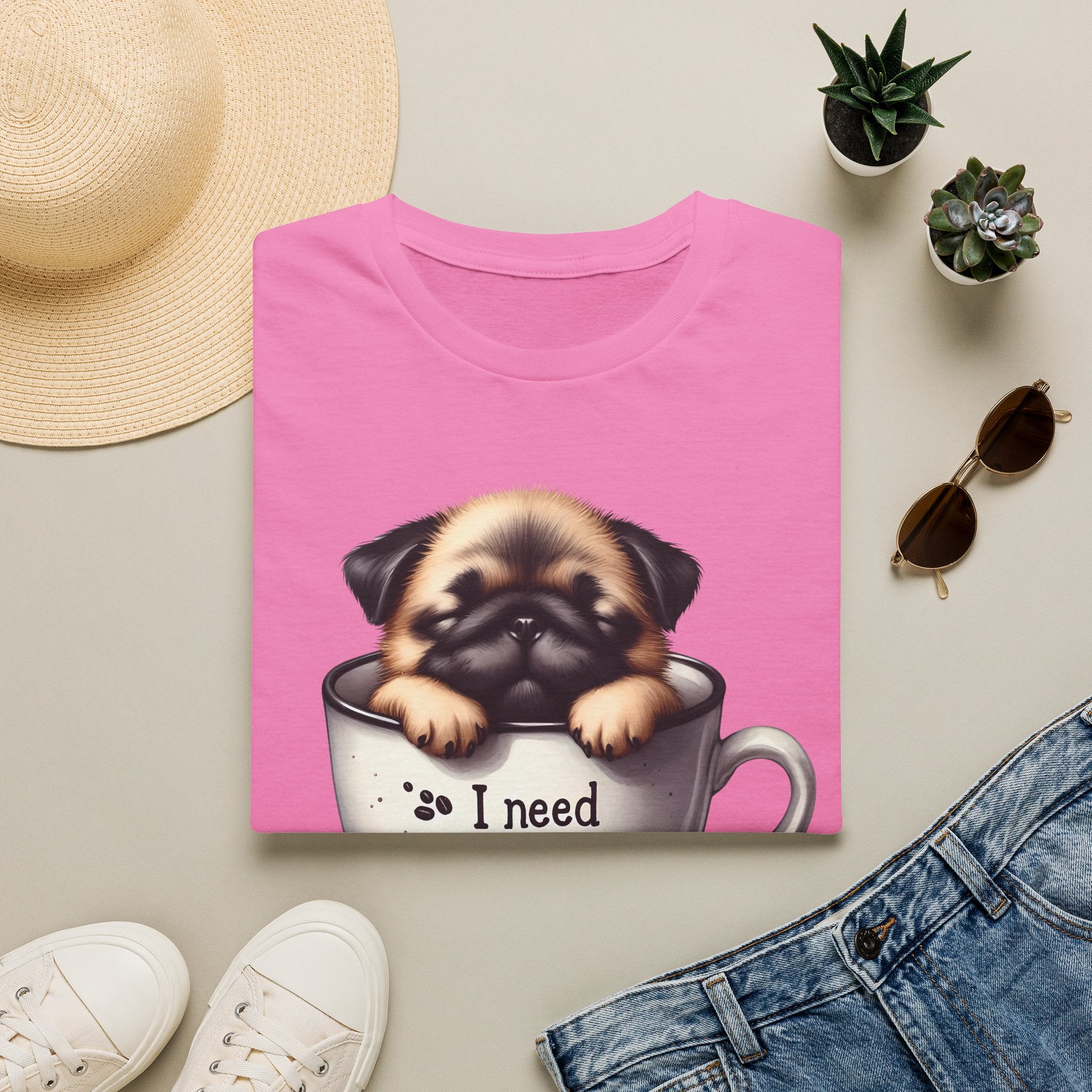 Puppy in Coffee Cup I Need Coffee T-Shirt | Cute Pug Coffee Tee