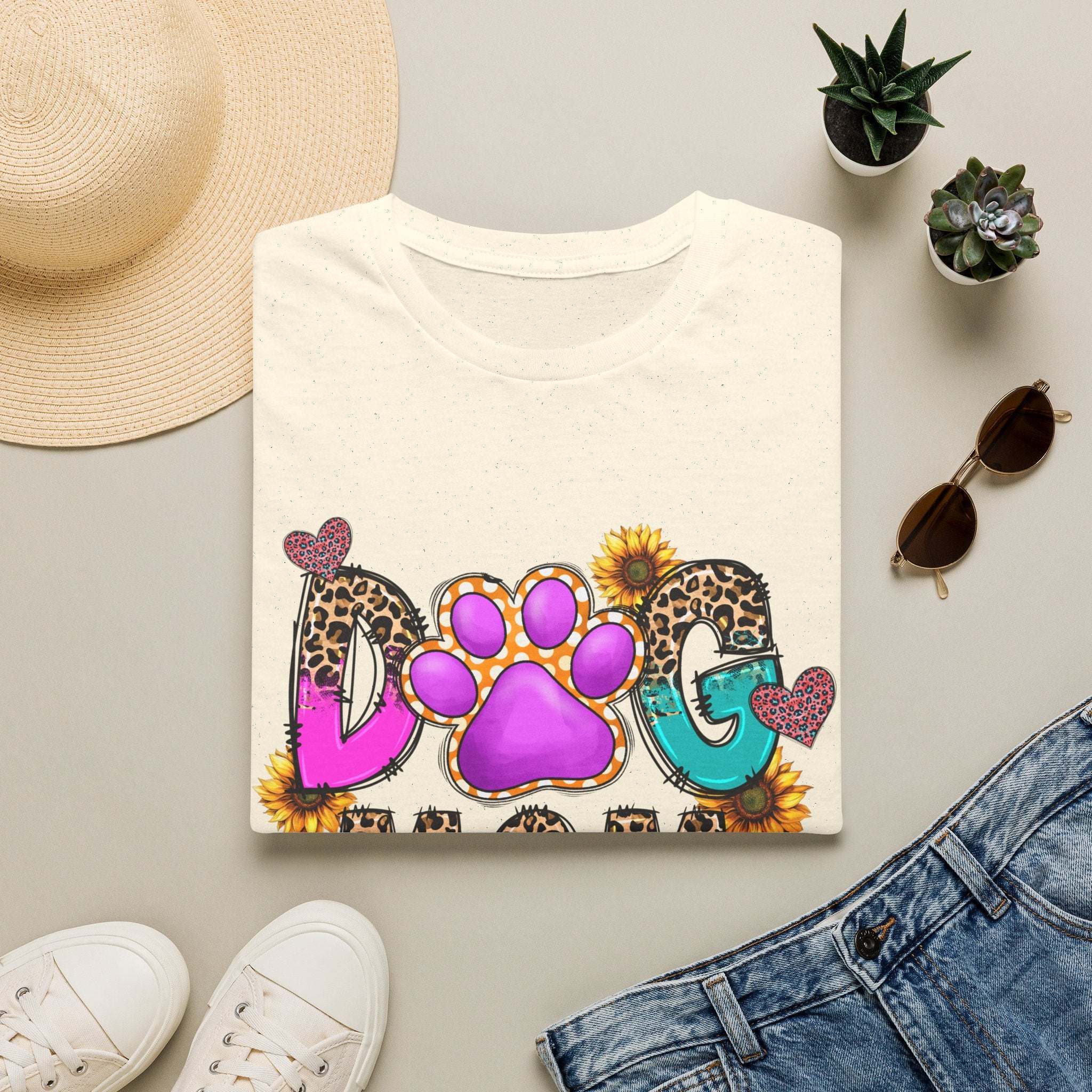 Dog Mom colorful paw print design T-Shirt | leopard hearts sunflower accents