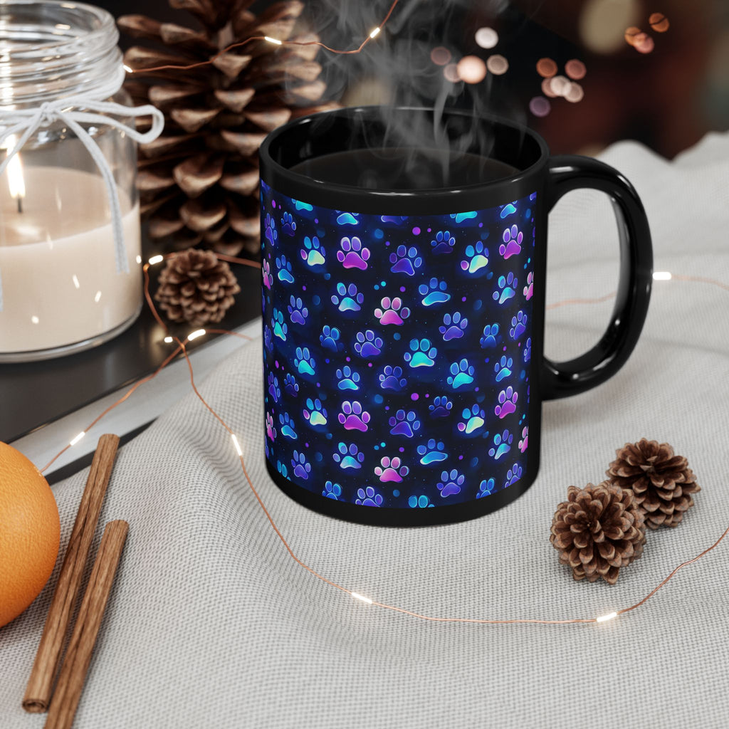Neon Paw Print Pattern Mug | Black Ceramic 11oz or 15oz