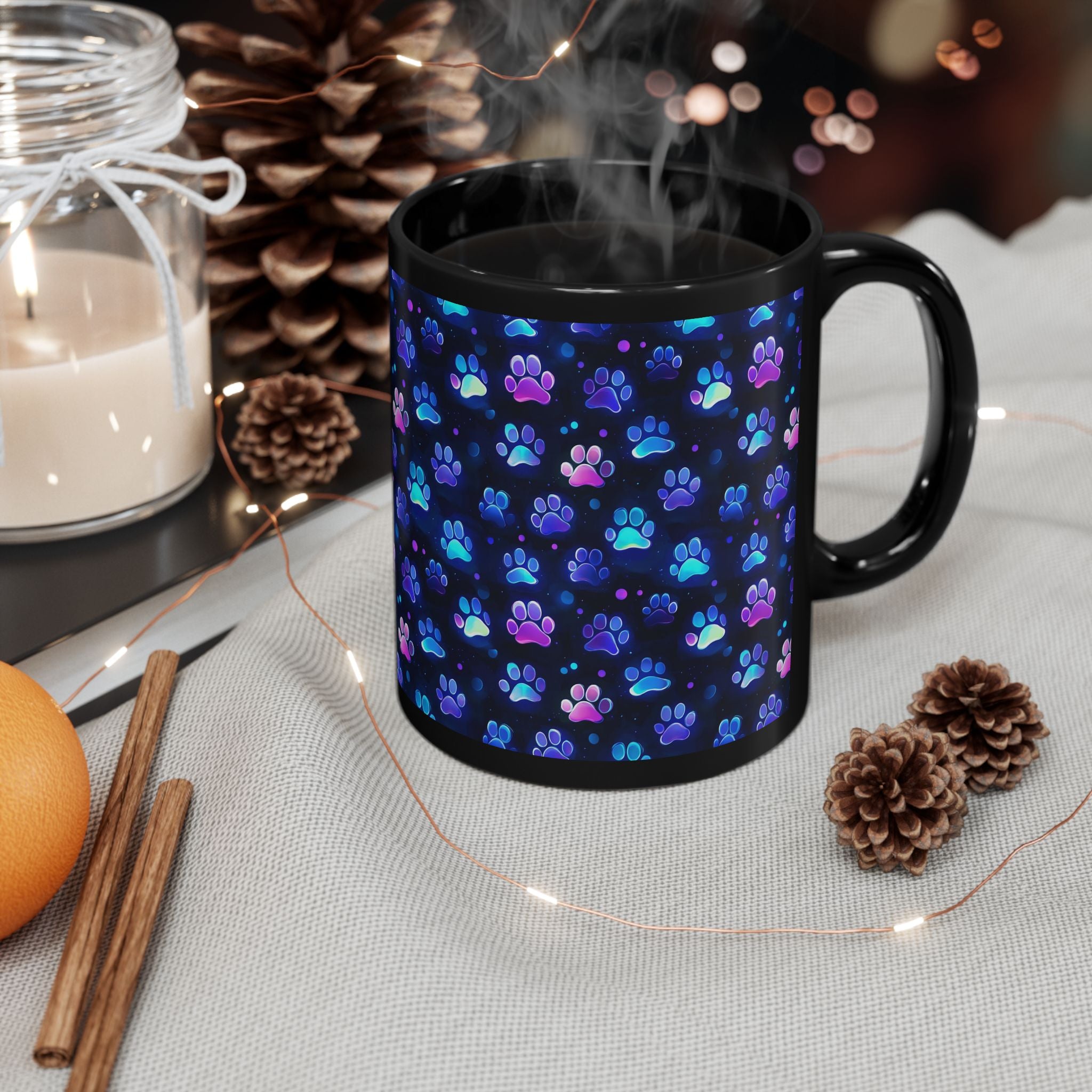 Neon Paw Print Pattern Mug | Black Ceramic 11oz or 15oz