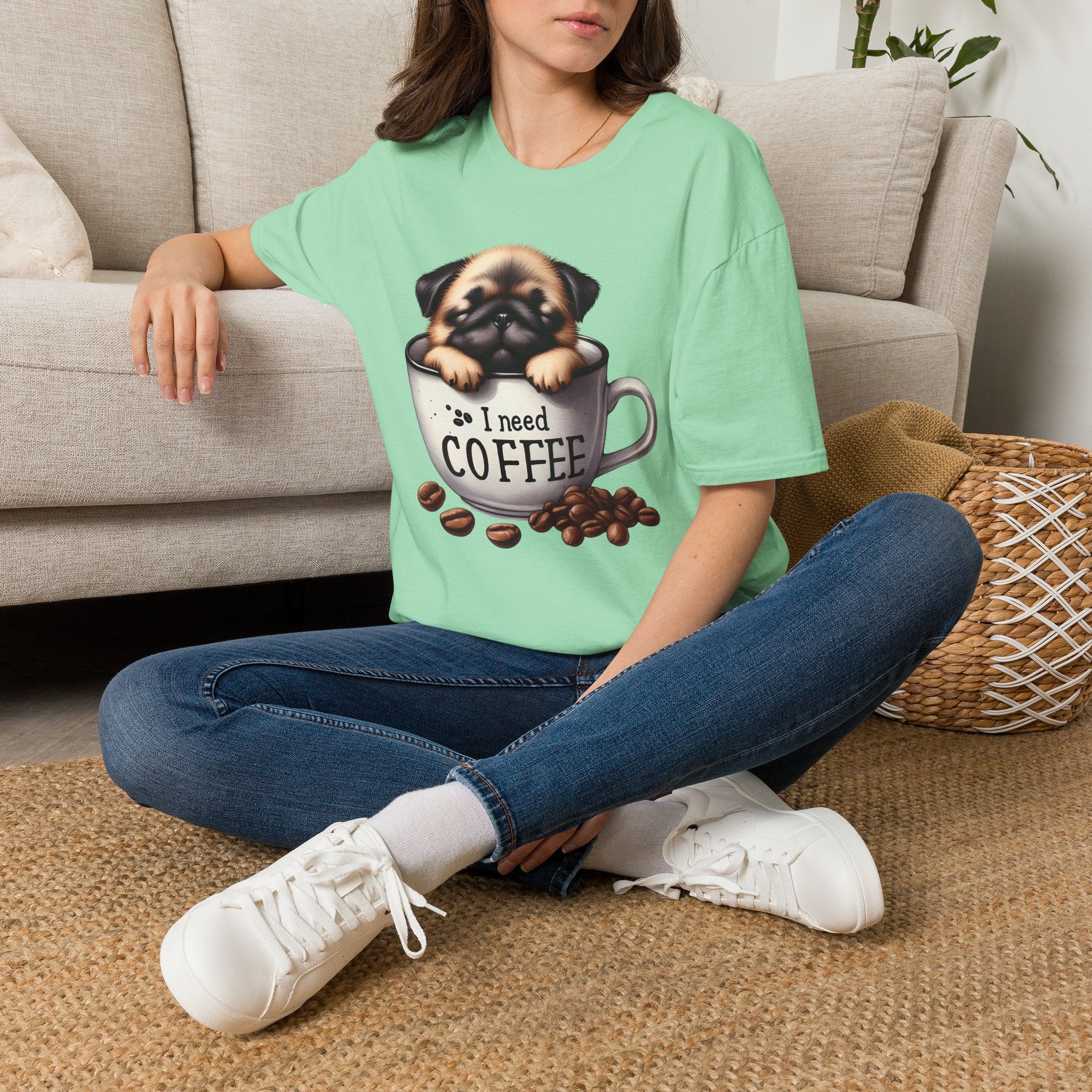 Puppy in Coffee Cup I Need Coffee T-Shirt | Cute Pug Coffee Tee