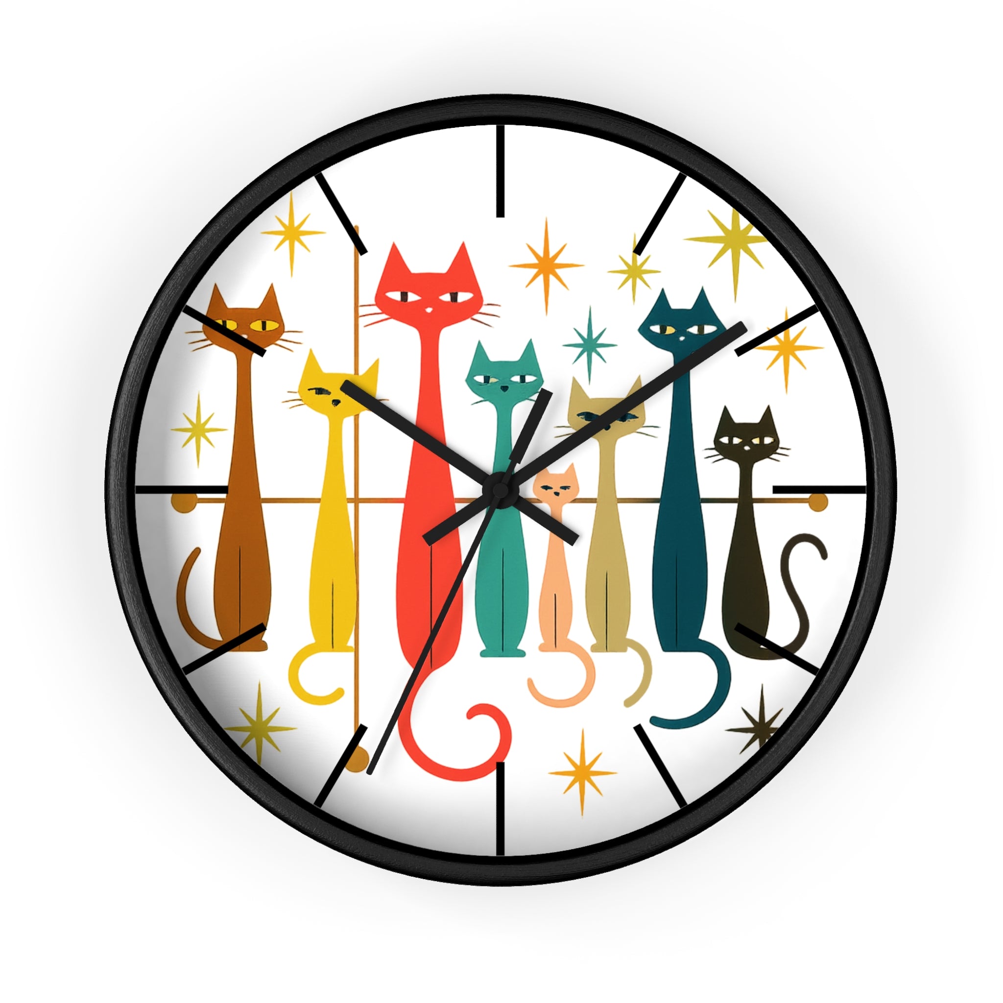 Retro Mid Century Modern Cats Wall Clock | Atomic Starburst Cat Design