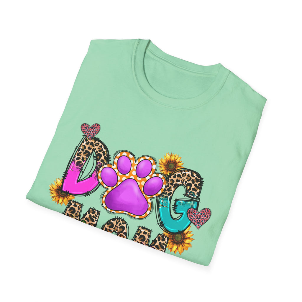 Dog Mom colorful paw print design T-Shirt | leopard hearts sunflower accents