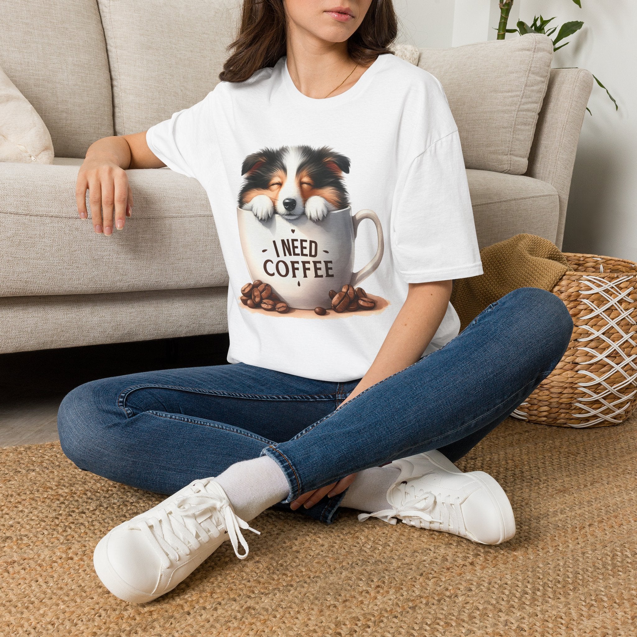 I Need Coffee Dog T-Shirt | Coffee Cup, Shetland Sheepdog Illustration