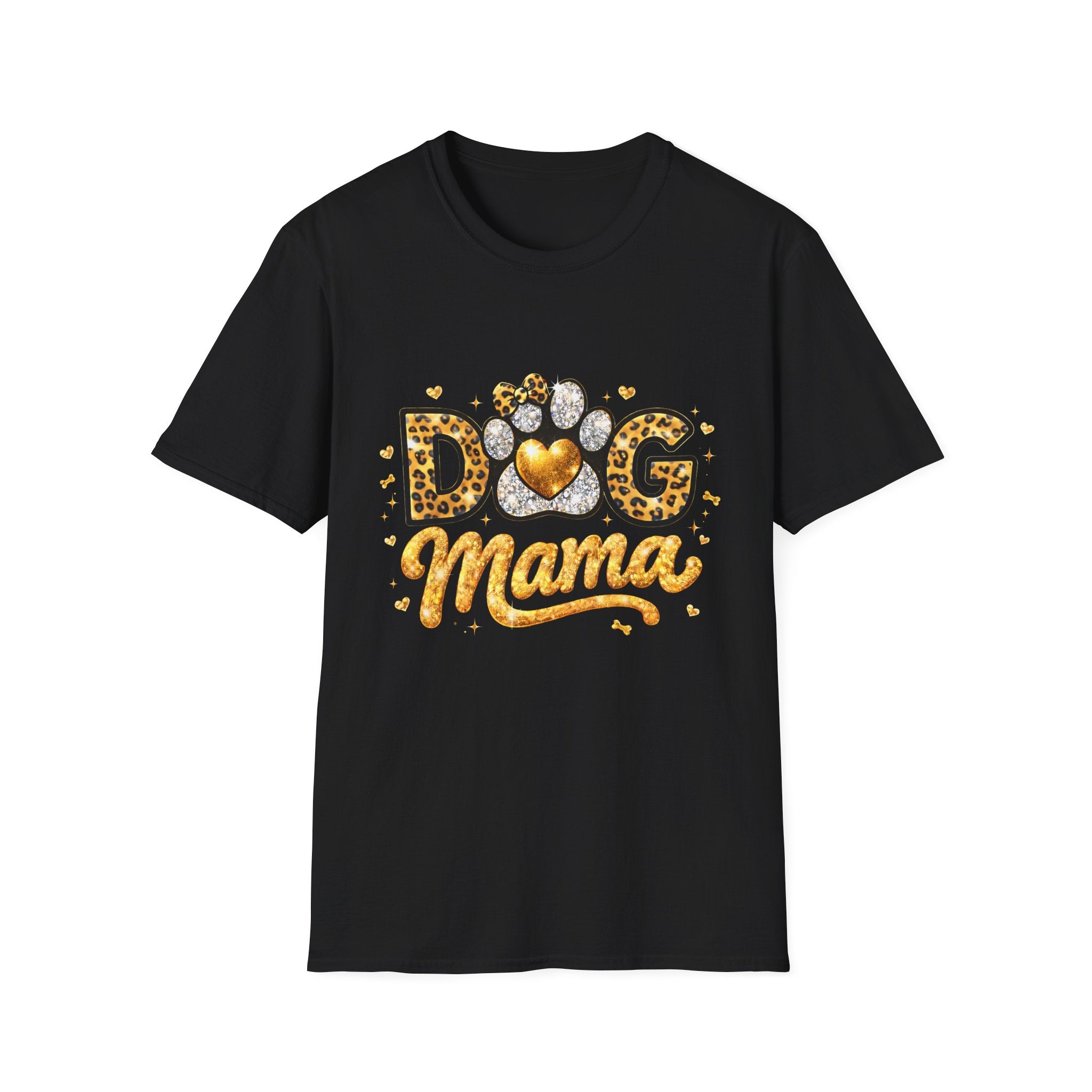 Dog Mama T-Shirt | Leopard Heart Paw Print, Gold Glitter Script