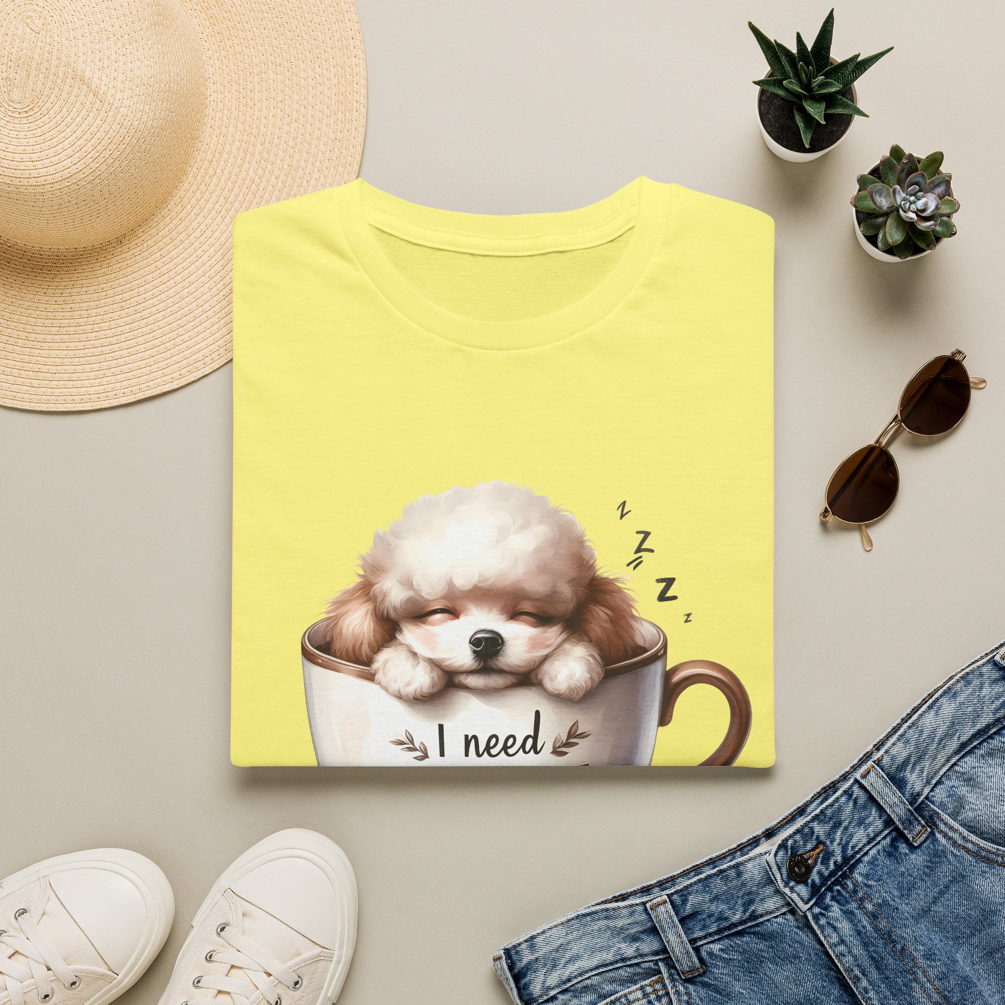 Sleeping Puppy in Coffee Cup T-Shirt | I Need Coffee Dog Design