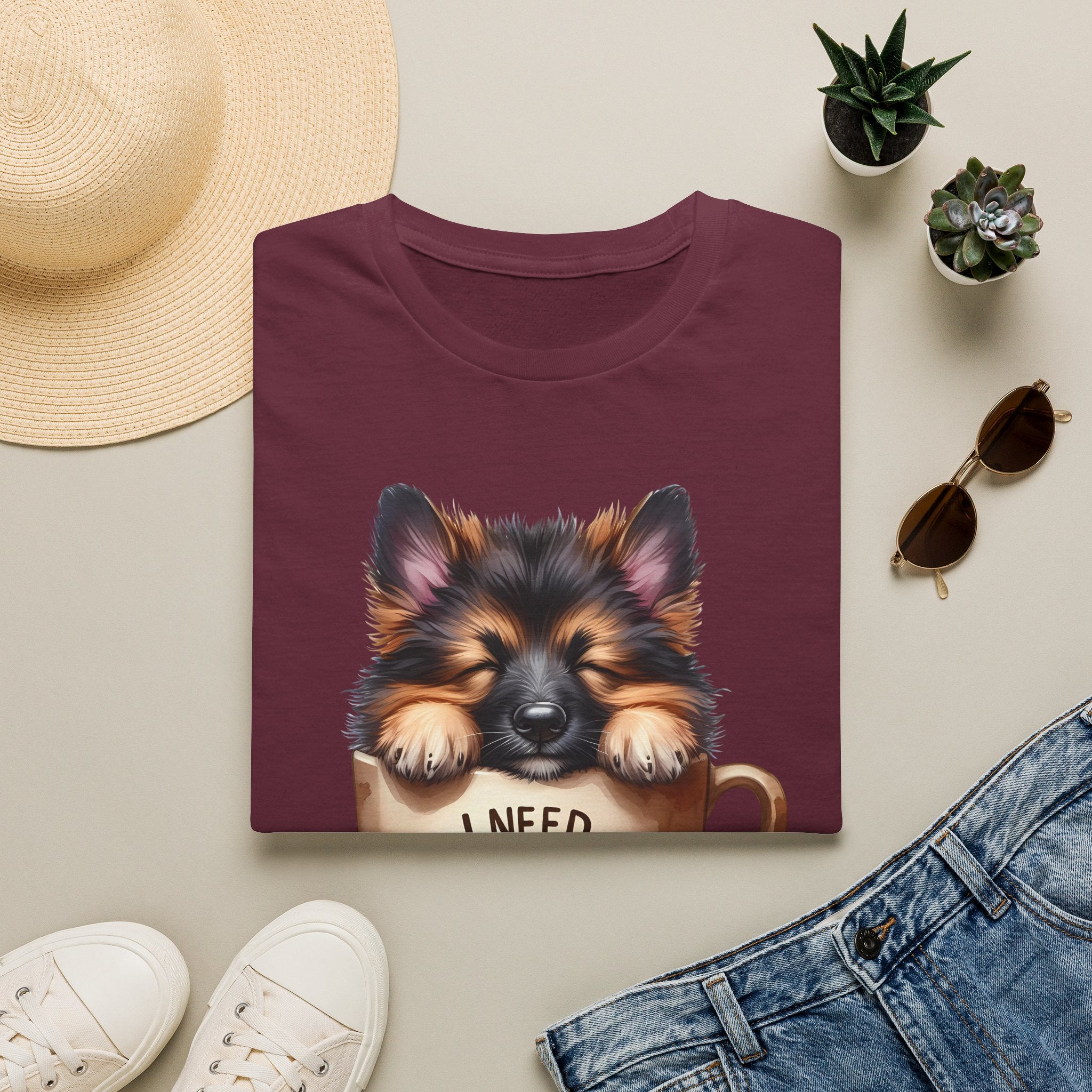 German Shepherd Puppy I Need Coffee T-Shirt | Cute Dog Coffee Design