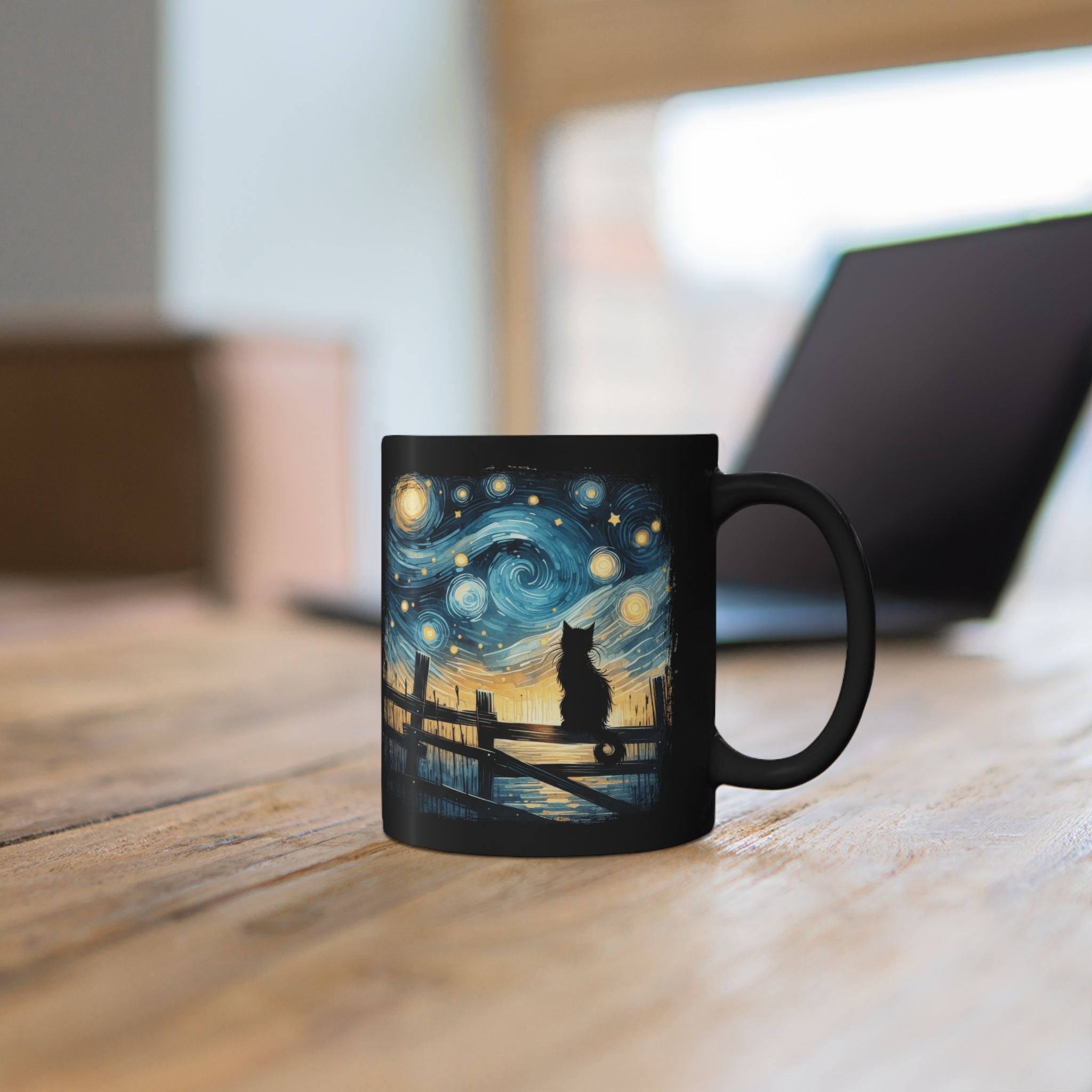 Starry Night Cat mug | Black Ceramic Coffee Cup