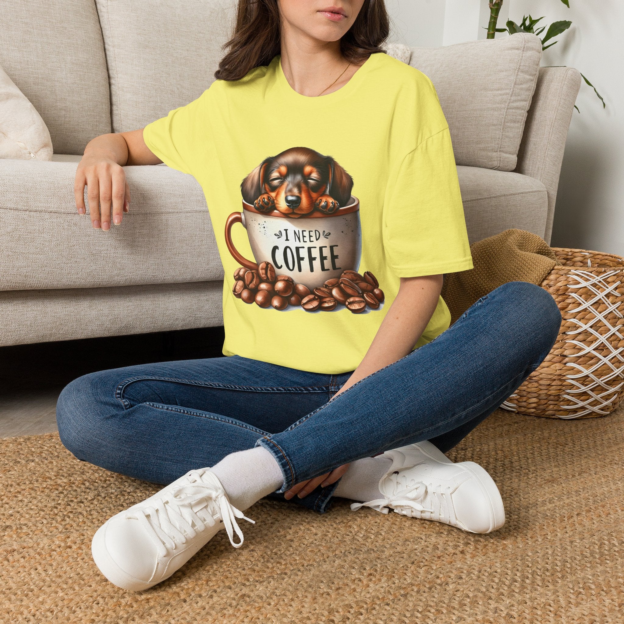 Sleepy Dachshund in Coffee Cup T-Shirt | I Need Coffee, Coffee Beans