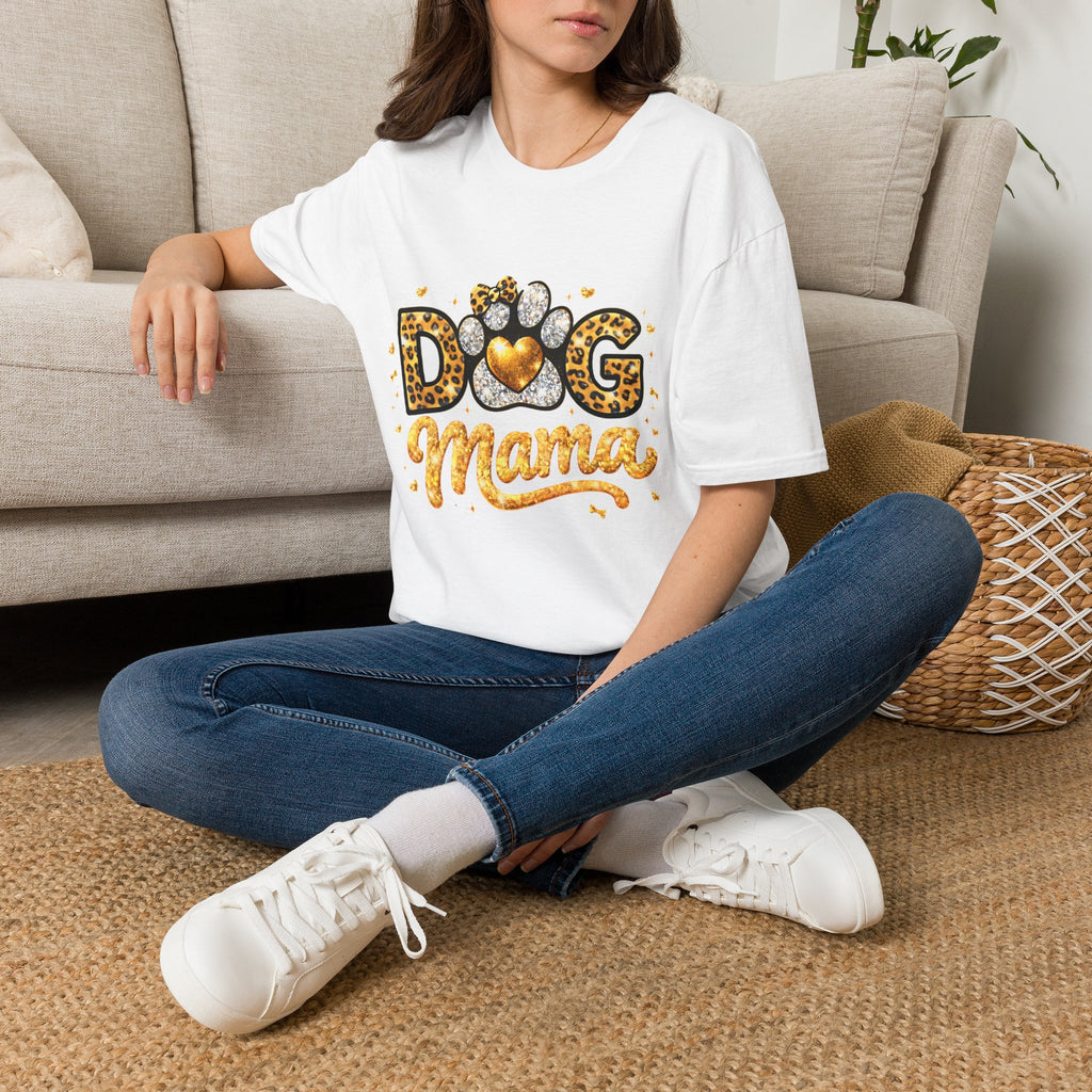 Dog Mama T-Shirt | Leopard Heart Paw Print, Gold Glitter Script