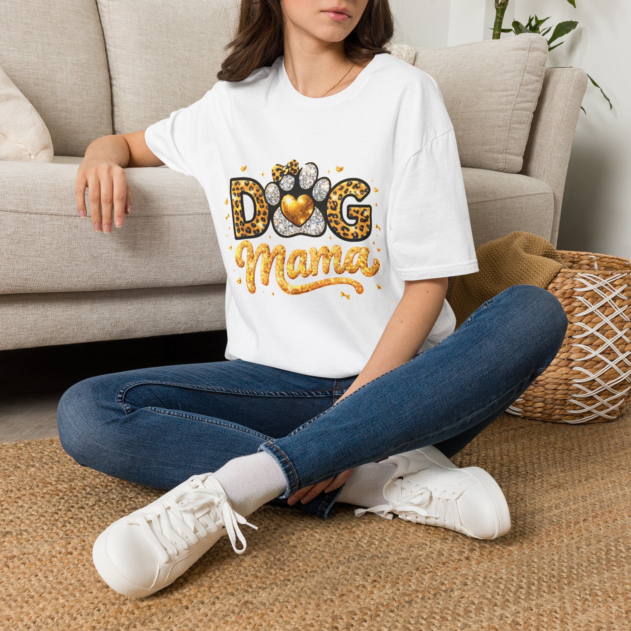 Dog Mama T-Shirt | Leopard Heart Paw Print, Gold Glitter Script