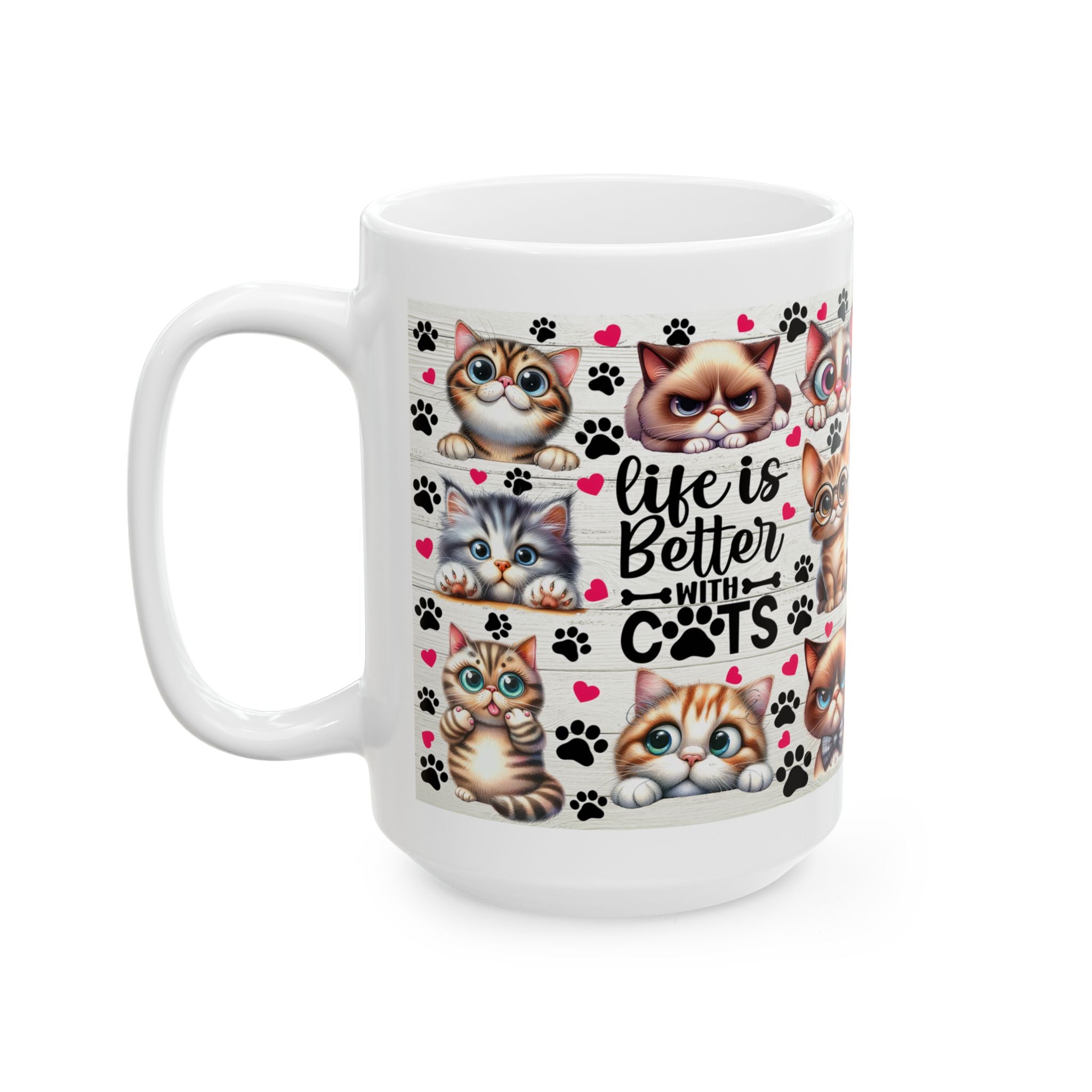 Cute Cartoon Cats Mug | Cute Cat Faces, Paw Prints Pattern Ceramic Mug