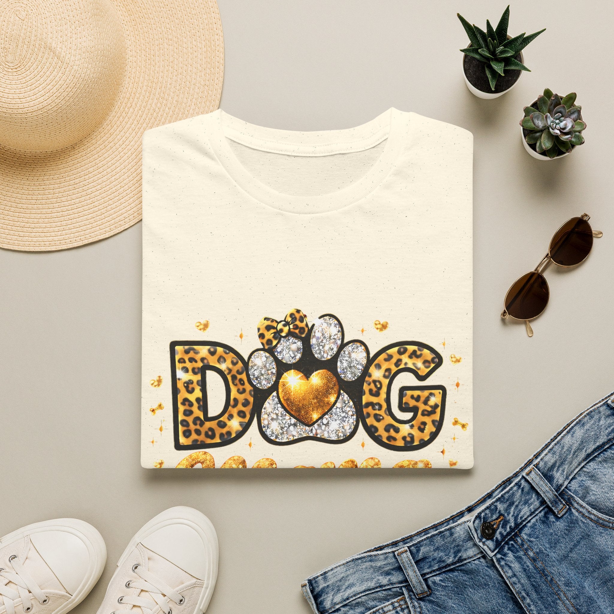 Dog Mama T-Shirt | Leopard Heart Paw Print, Gold Glitter Script