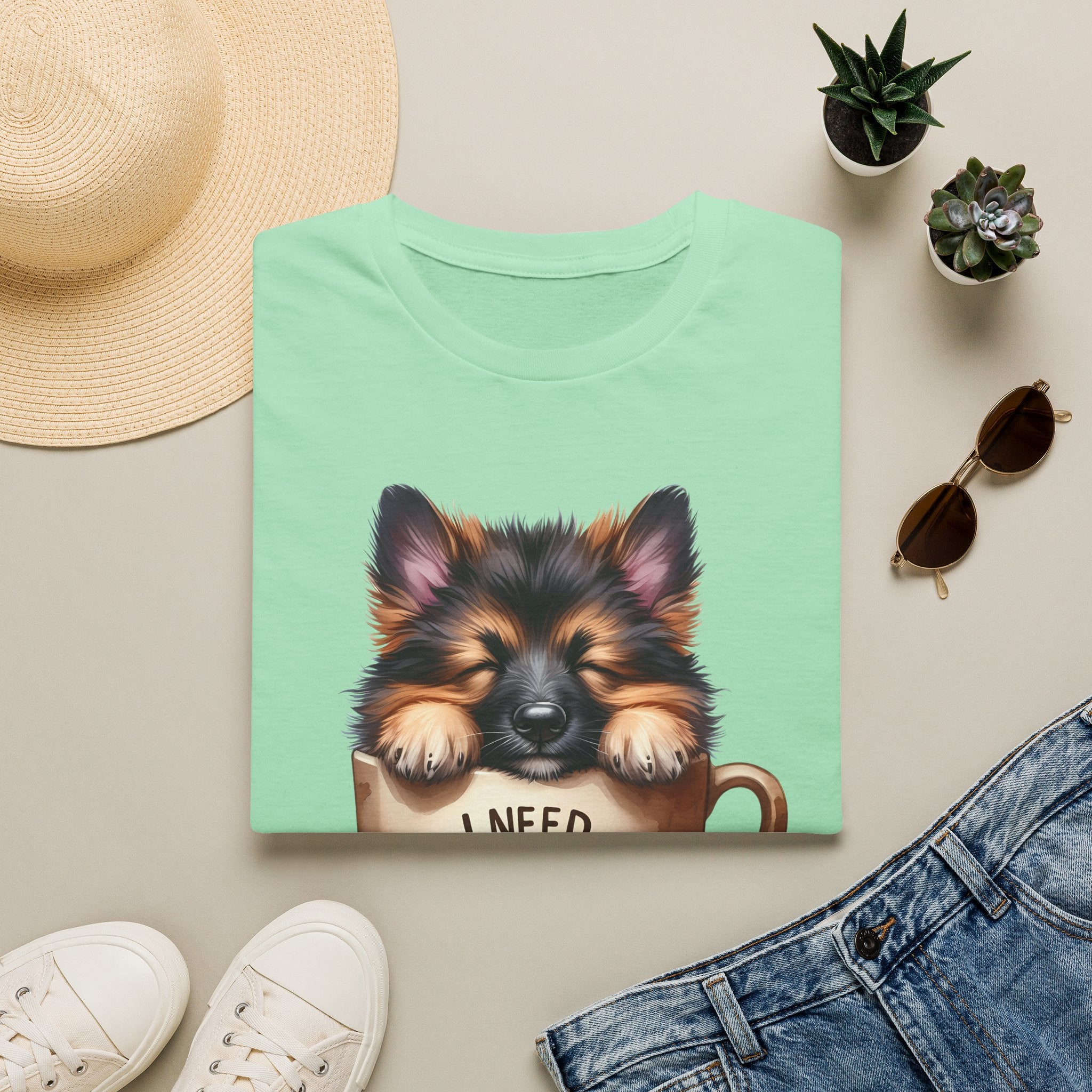 German Shepherd Puppy I Need Coffee T-Shirt | Cute Dog Coffee Design
