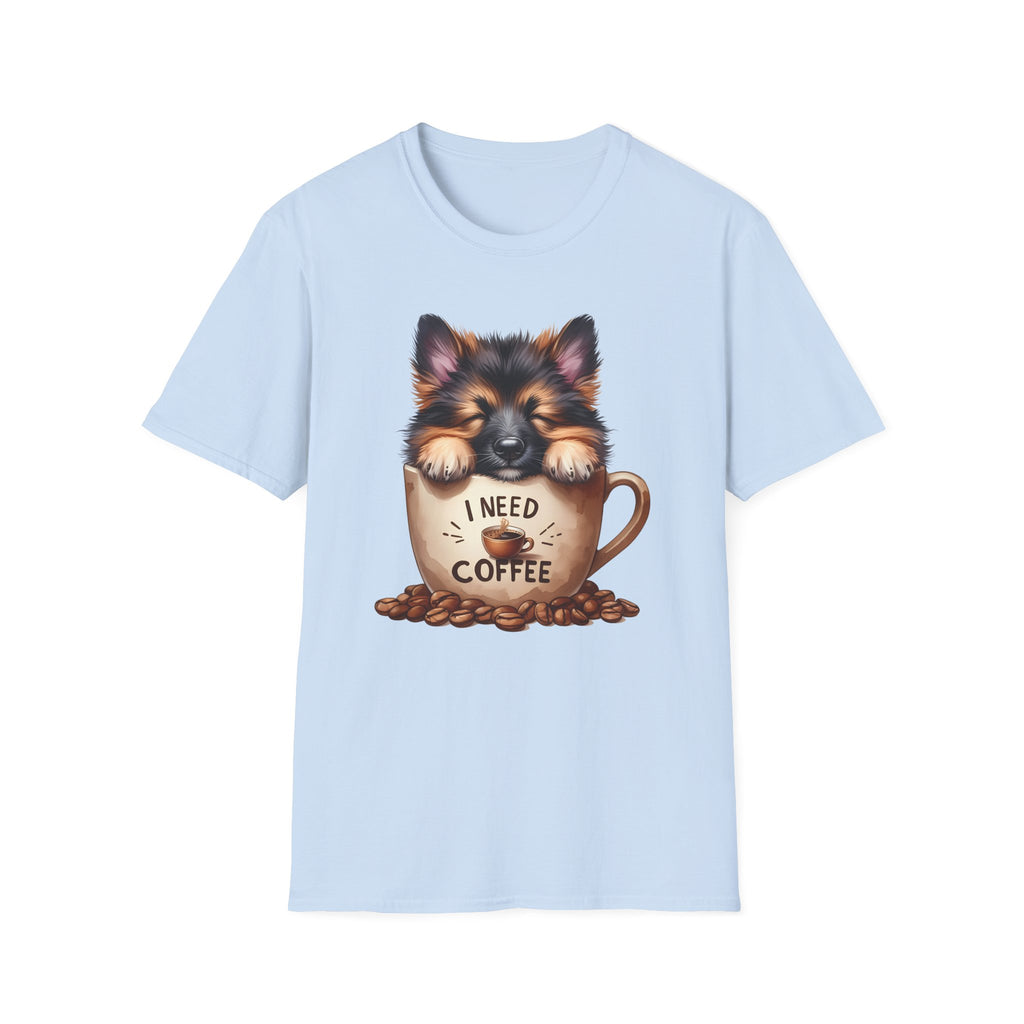 German Shepherd Puppy I Need Coffee T-Shirt | Cute Dog Coffee Design