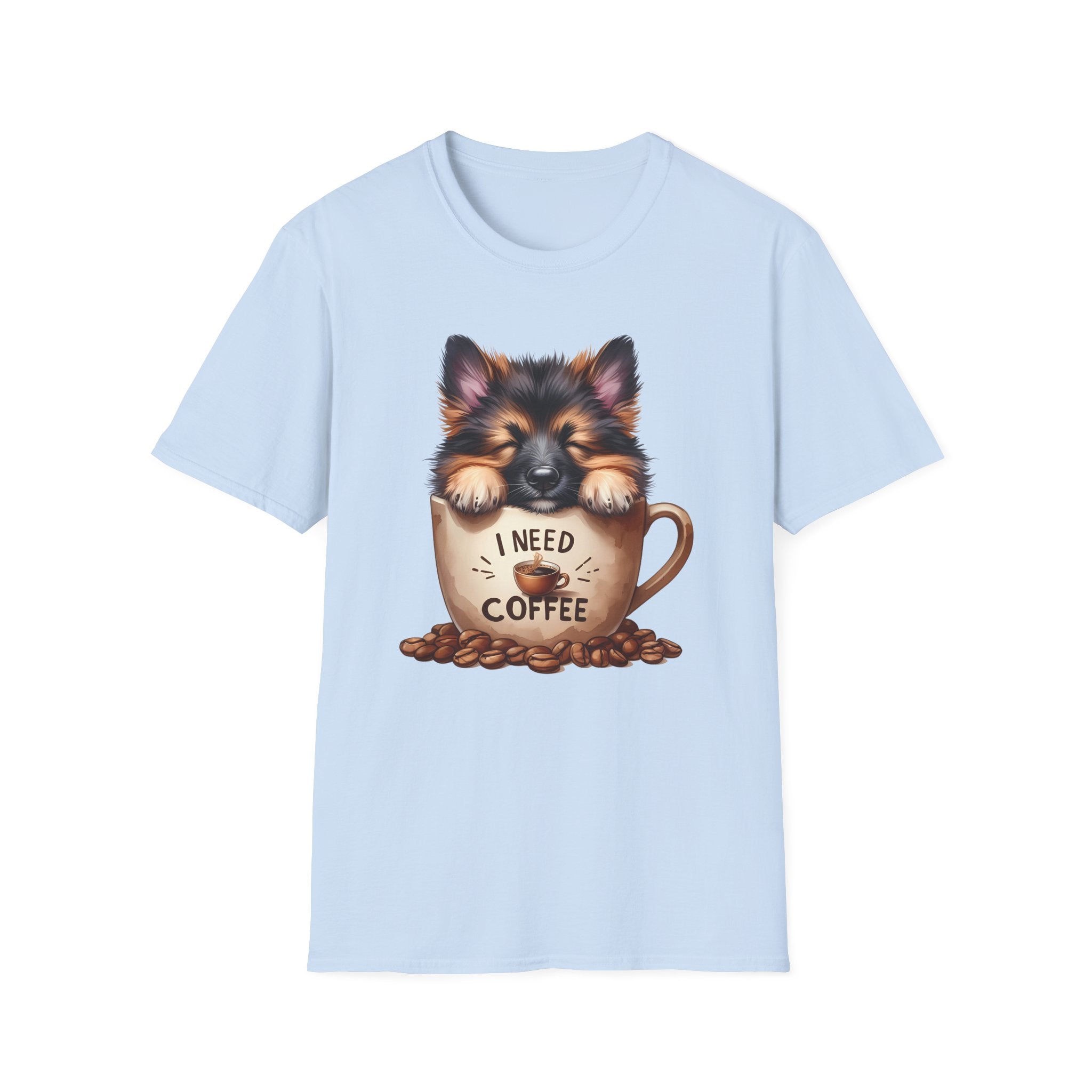 German Shepherd Puppy I Need Coffee T-Shirt | Cute Dog Coffee Design