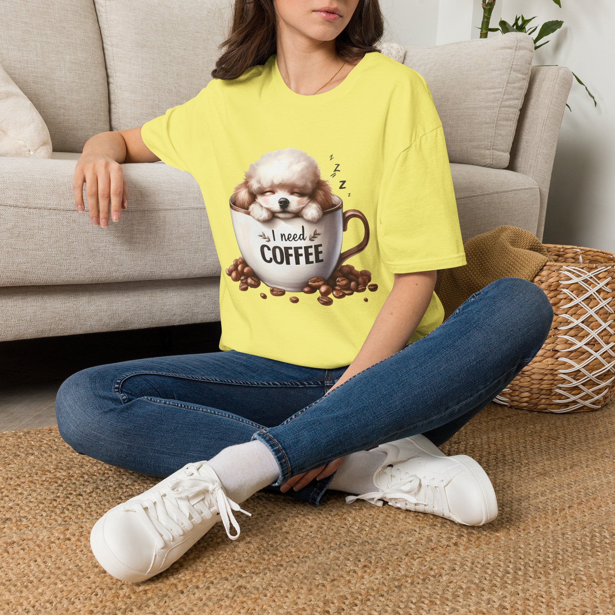 Sleeping Puppy in Coffee Cup T-Shirt | I Need Coffee Dog Design