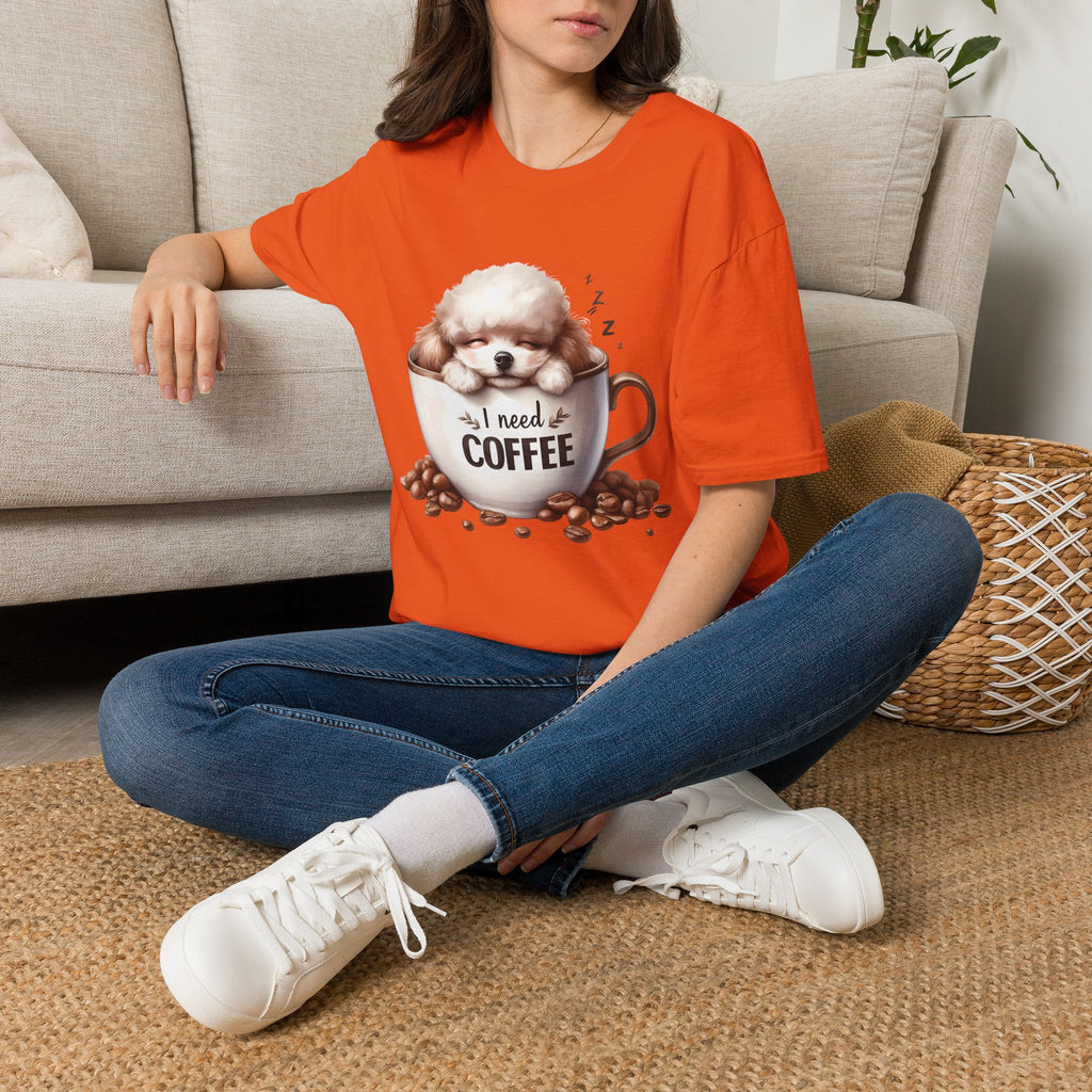Sleeping Puppy in Coffee Cup T-Shirt | I Need Coffee Dog Design