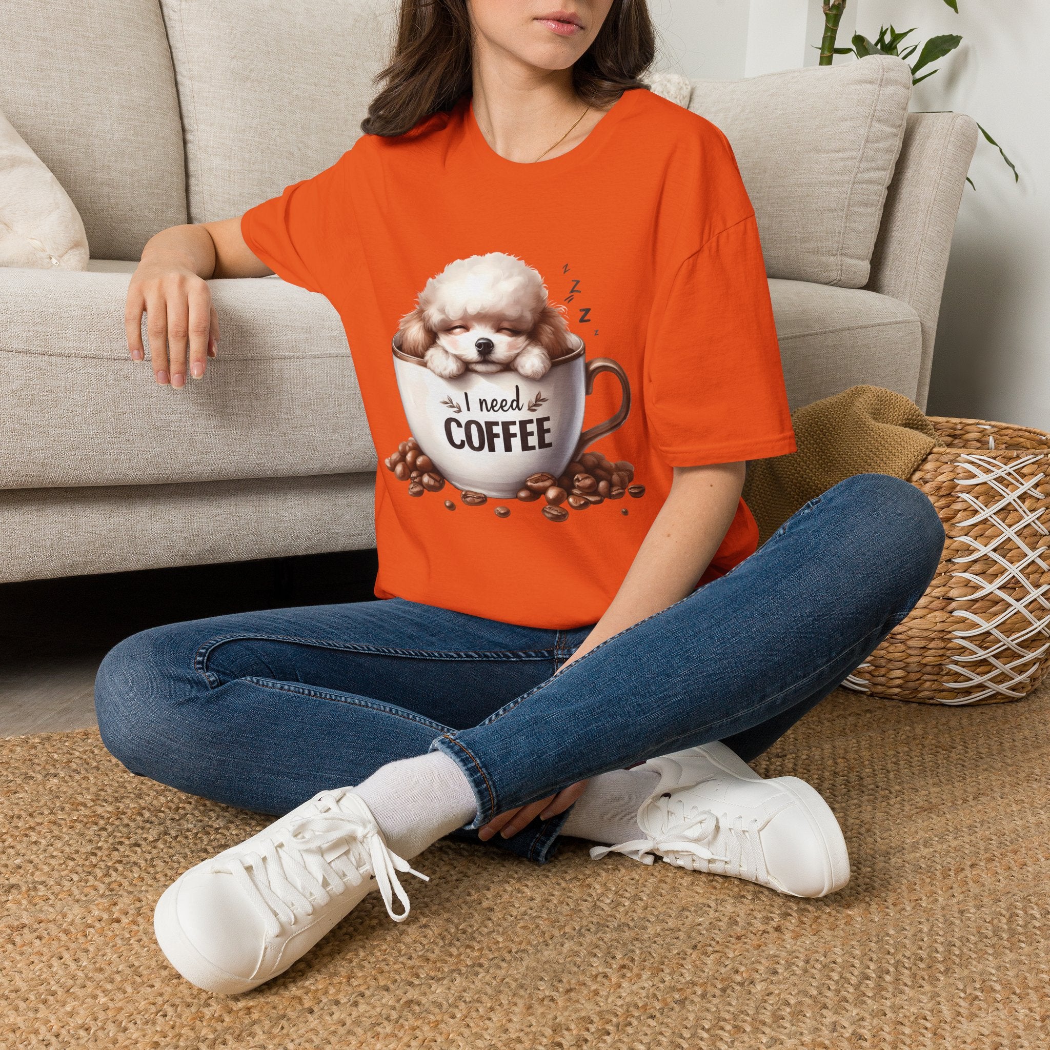 Sleeping Puppy in Coffee Cup T-Shirt | I Need Coffee Dog Design