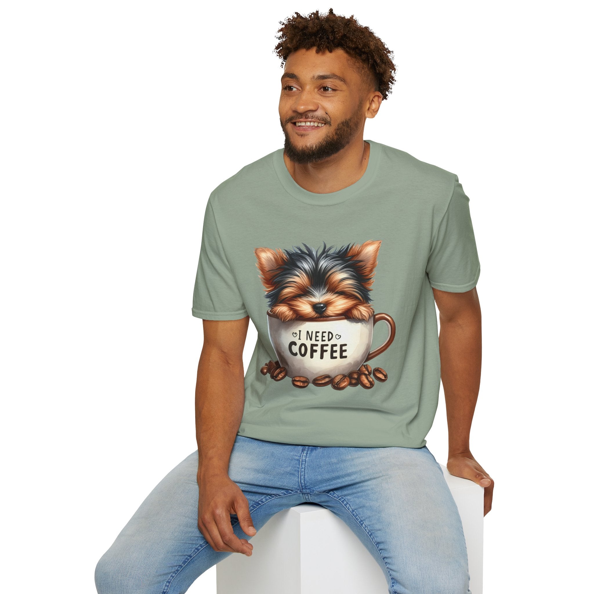Cute Yorkie in Coffee Cup T-Shirt | I Need Coffee Puppy Graphic Tee