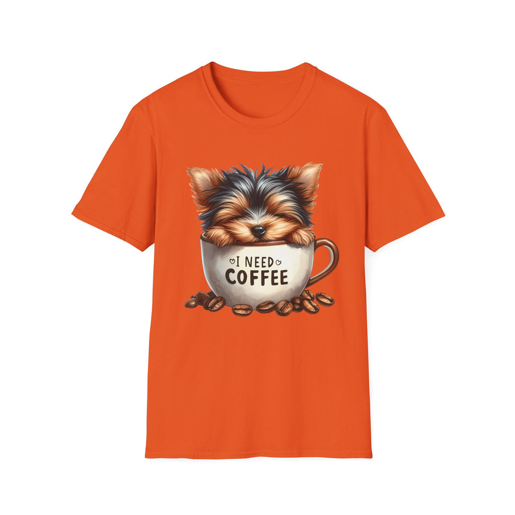 Cute Yorkie in Coffee Cup T-Shirt | I Need Coffee Puppy Graphic Tee