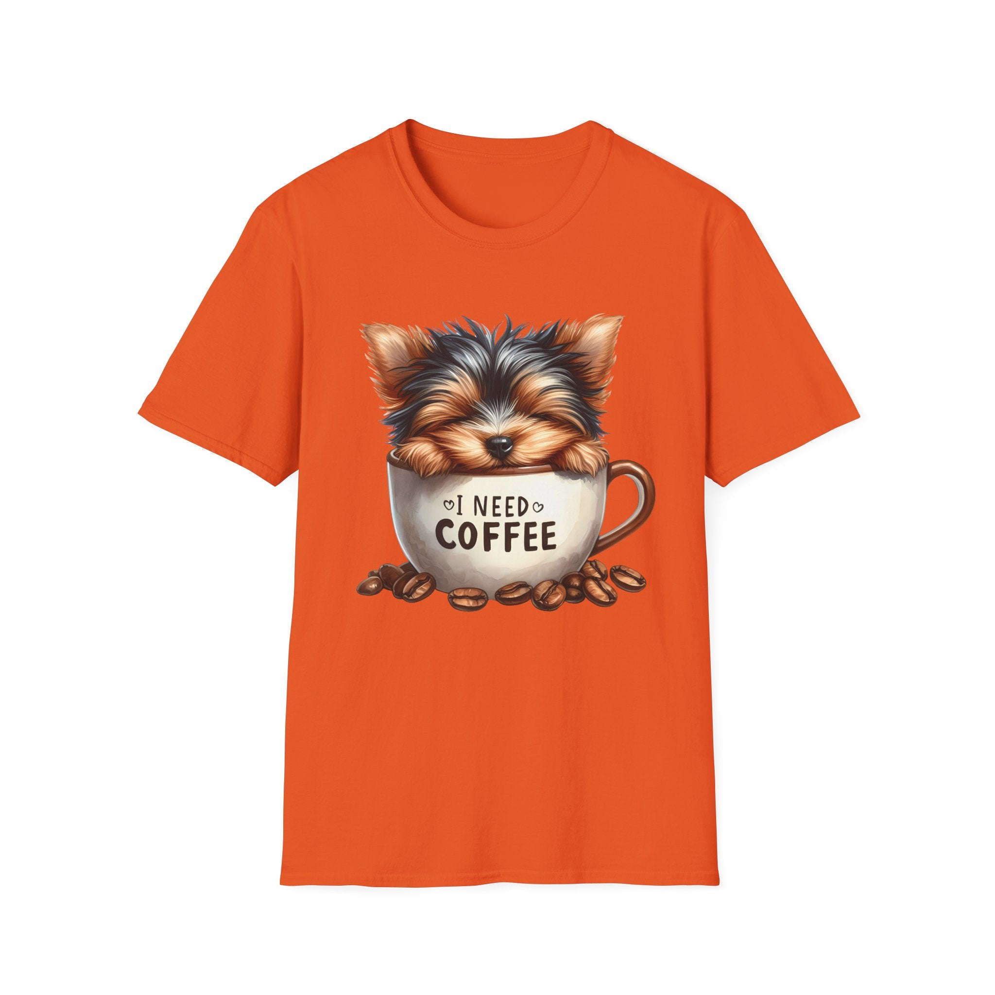 Cute Yorkie in Coffee Cup T-Shirt | I Need Coffee Puppy Graphic Tee