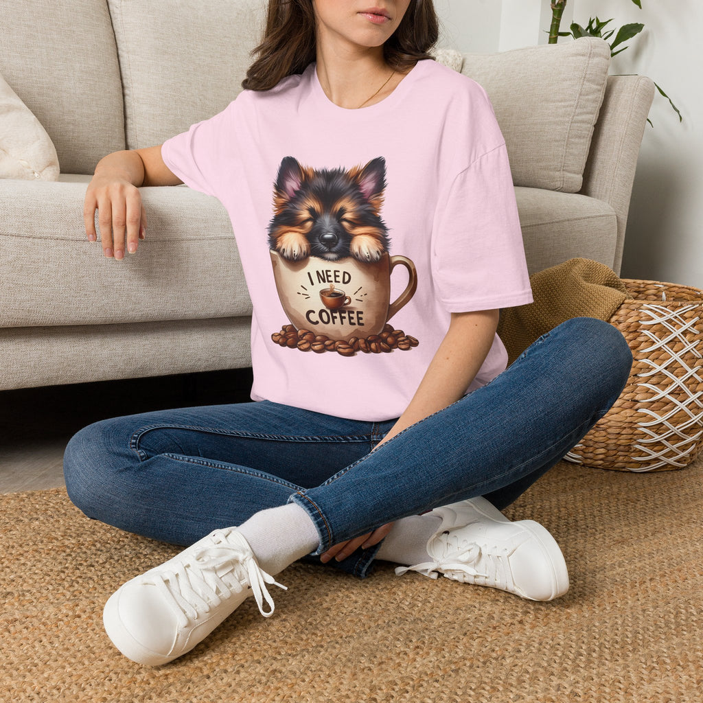 German Shepherd Puppy I Need Coffee T-Shirt | Cute Dog Coffee Design