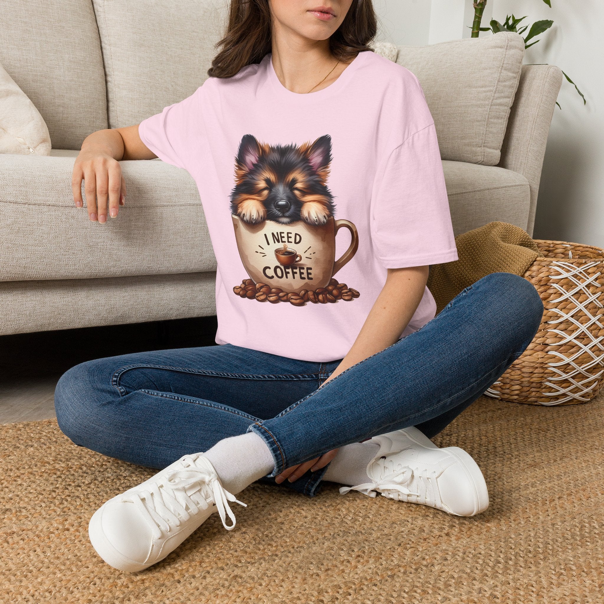 German Shepherd Puppy I Need Coffee T-Shirt | Cute Dog Coffee Design