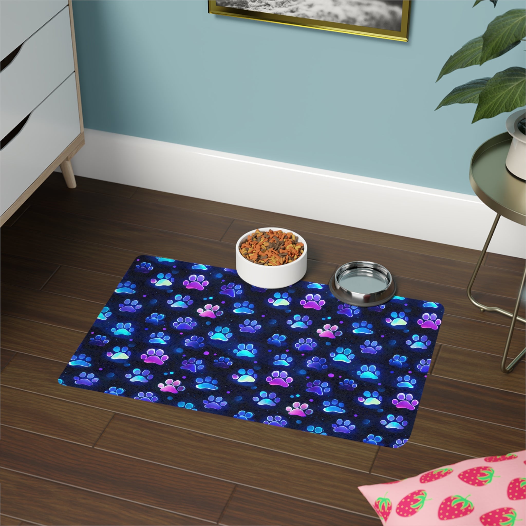 Neon Paw Print Pet Food Mat (12x18) | Blue Purple Paw Pattern