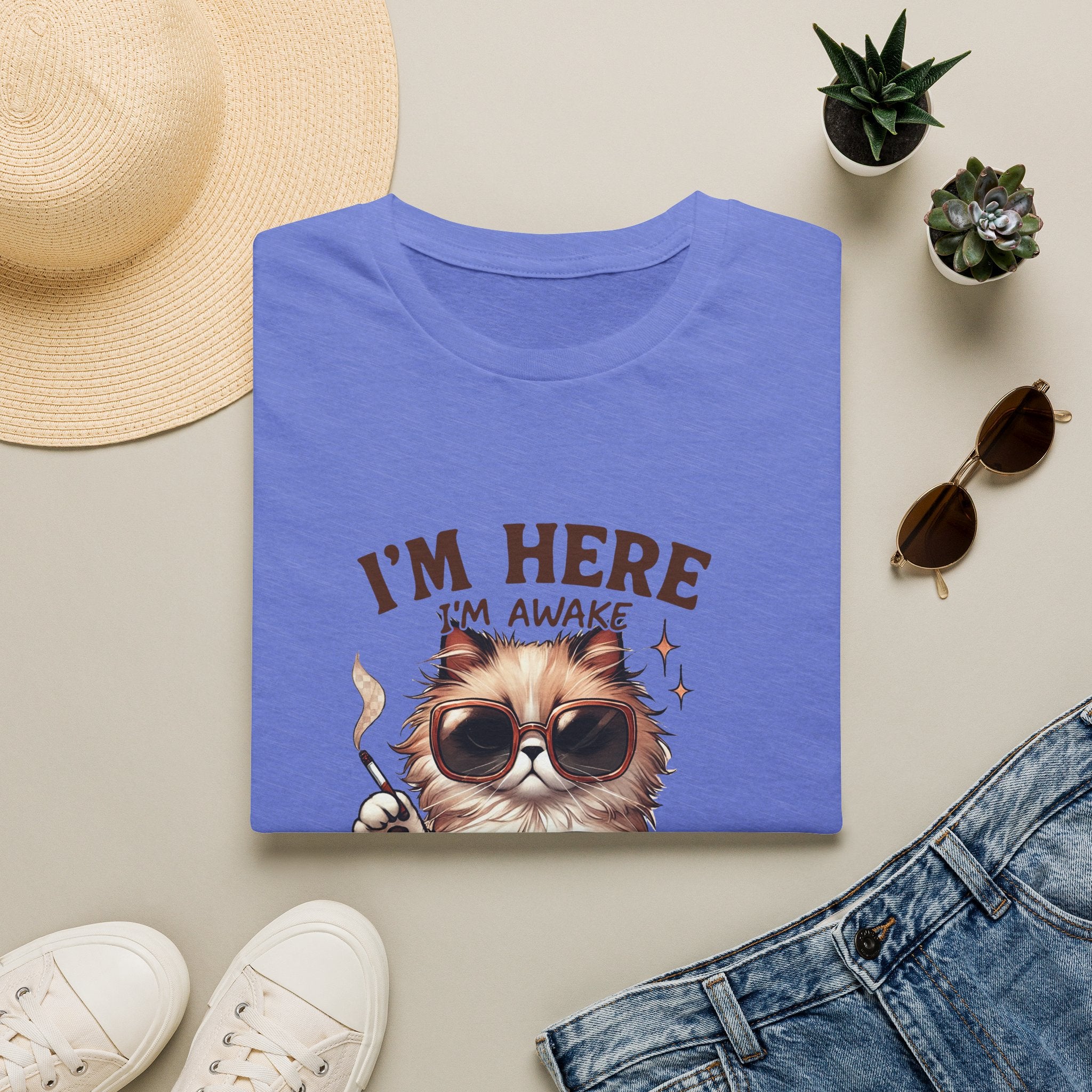 Sunglasses Cat with Coffee I'm Here I'm Awake Don't Push It T-Shirt | Funny Cat Tee