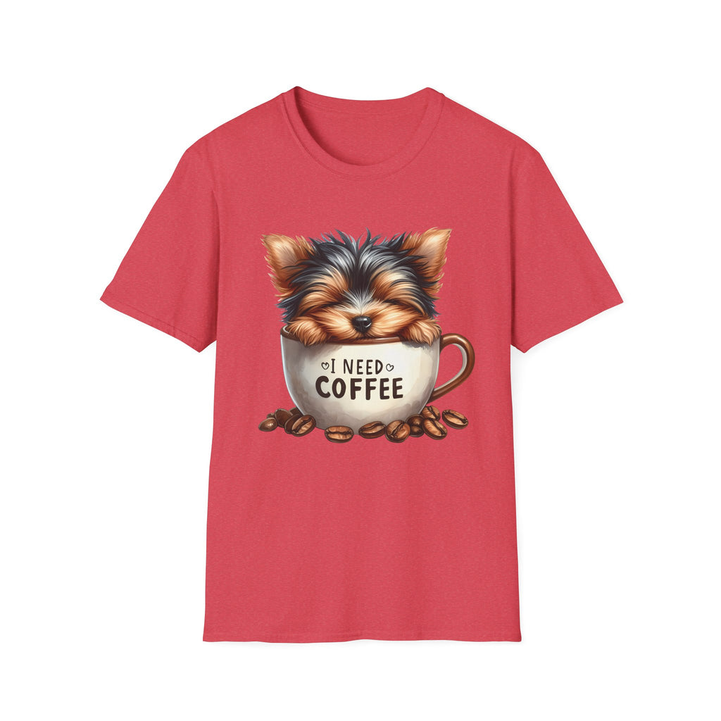 Cute Yorkie in Coffee Cup T-Shirt | I Need Coffee Puppy Graphic Tee