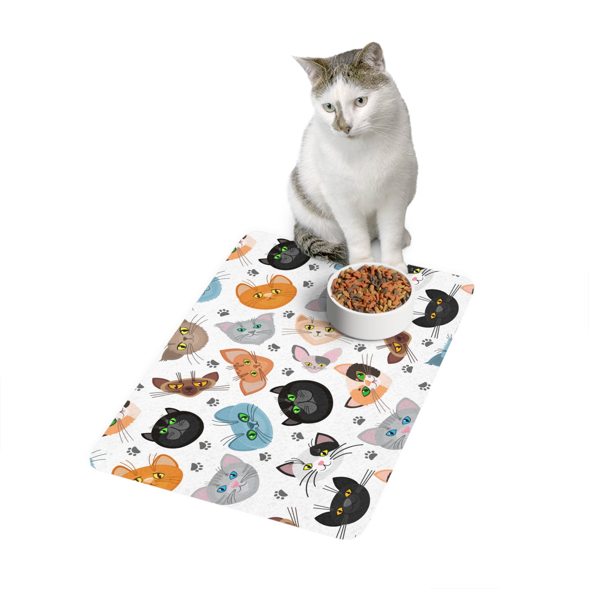 Colorful Cat Faces Pet Food Mat