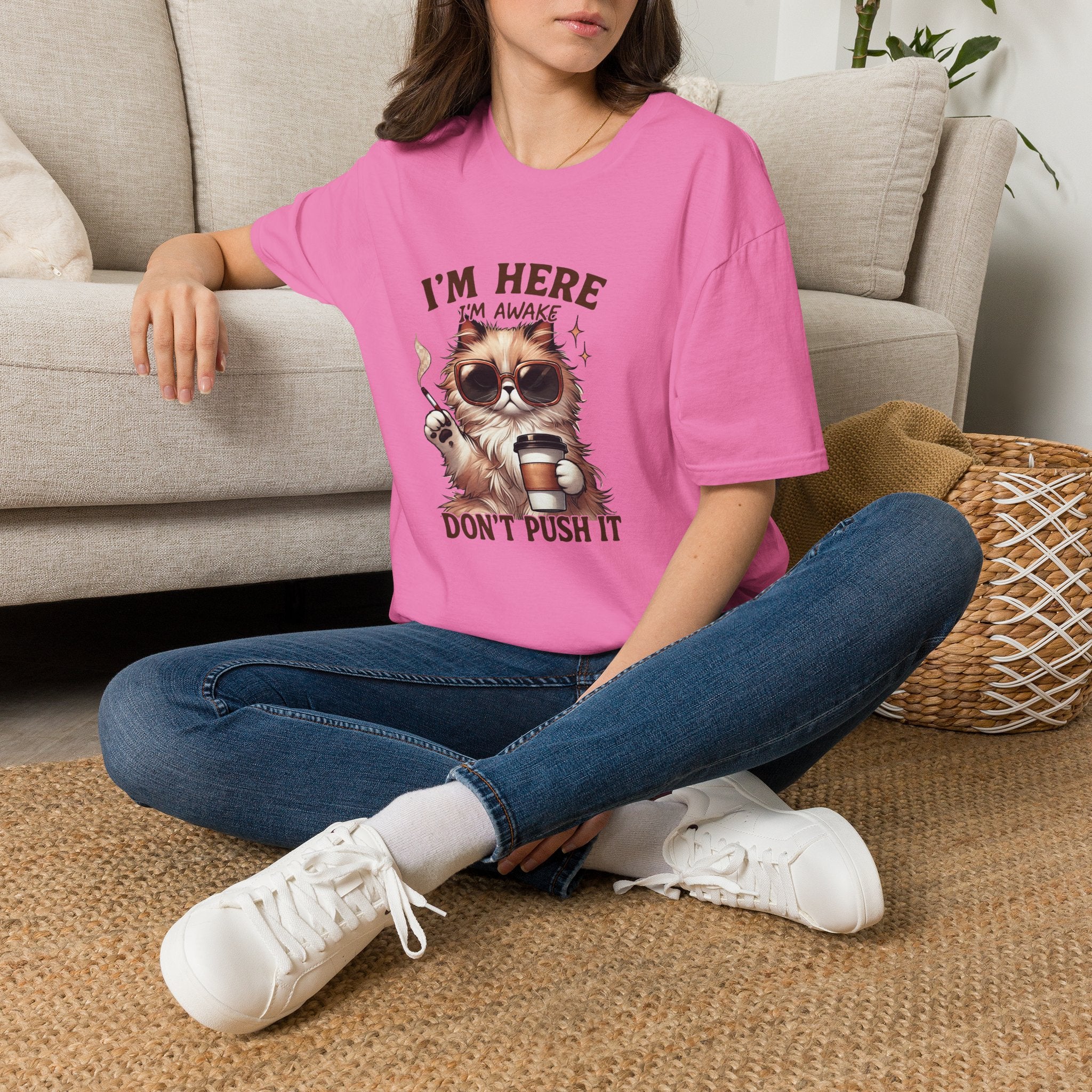 Sunglasses Cat with Coffee I'm Here I'm Awake Don't Push It T-Shirt | Funny Cat Tee