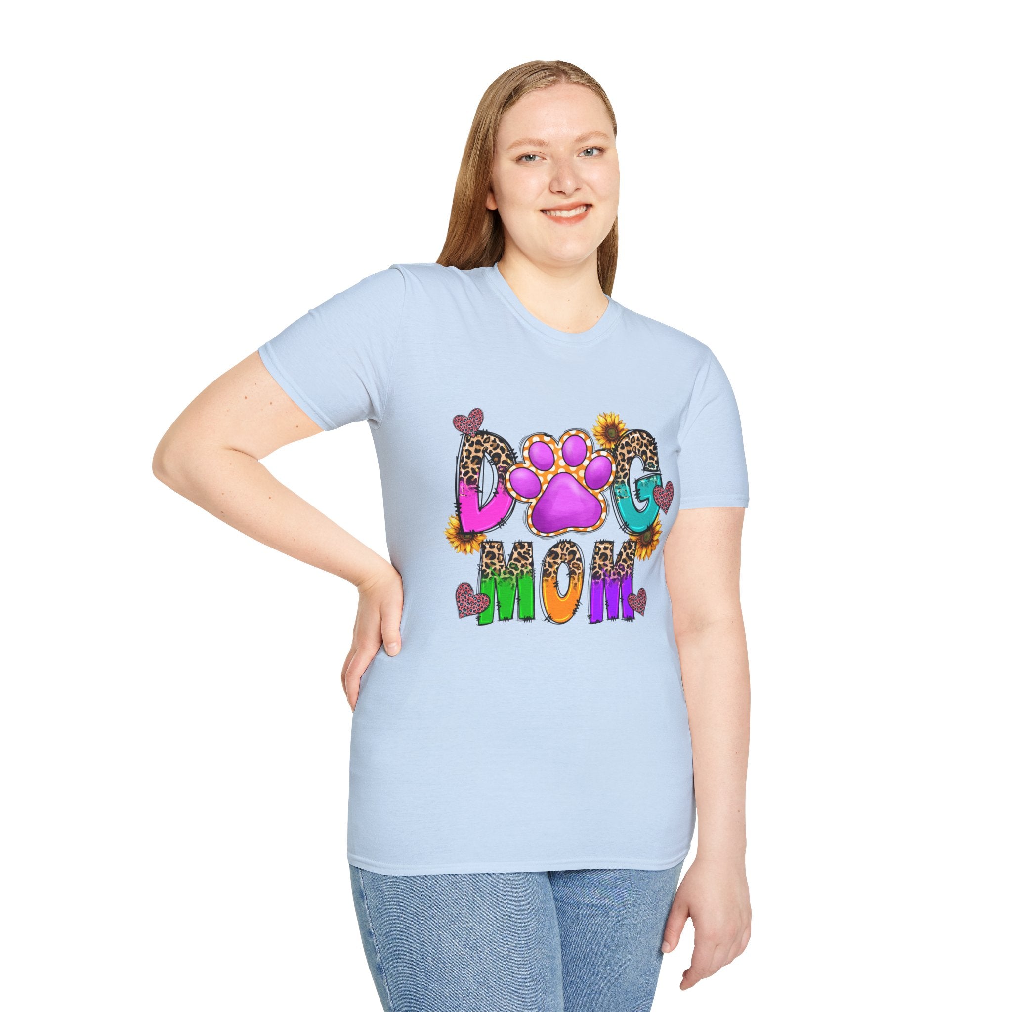 Dog Mom colorful paw print design T-Shirt | leopard hearts sunflower accents