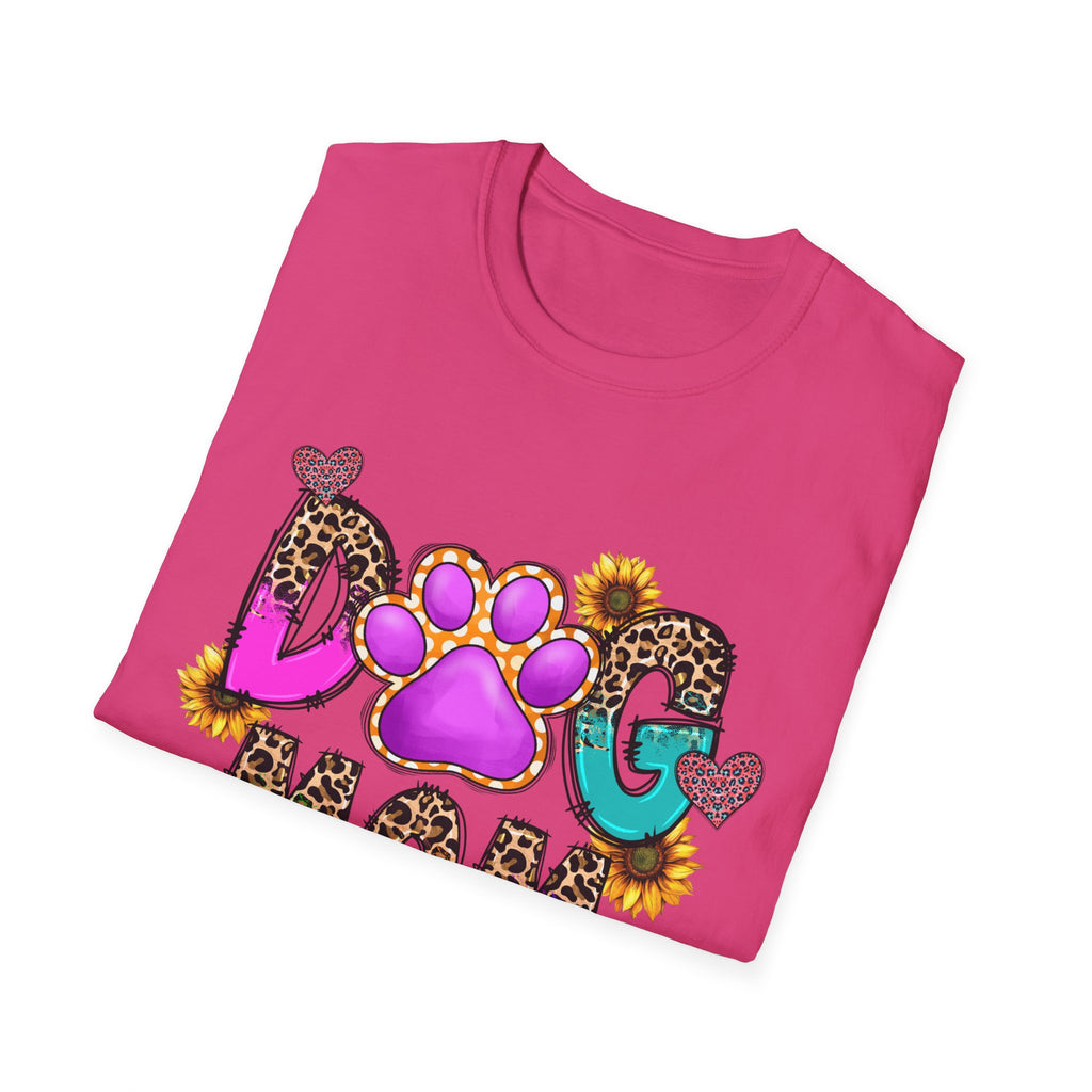 Dog Mom colorful paw print design T-Shirt | leopard hearts sunflower accents