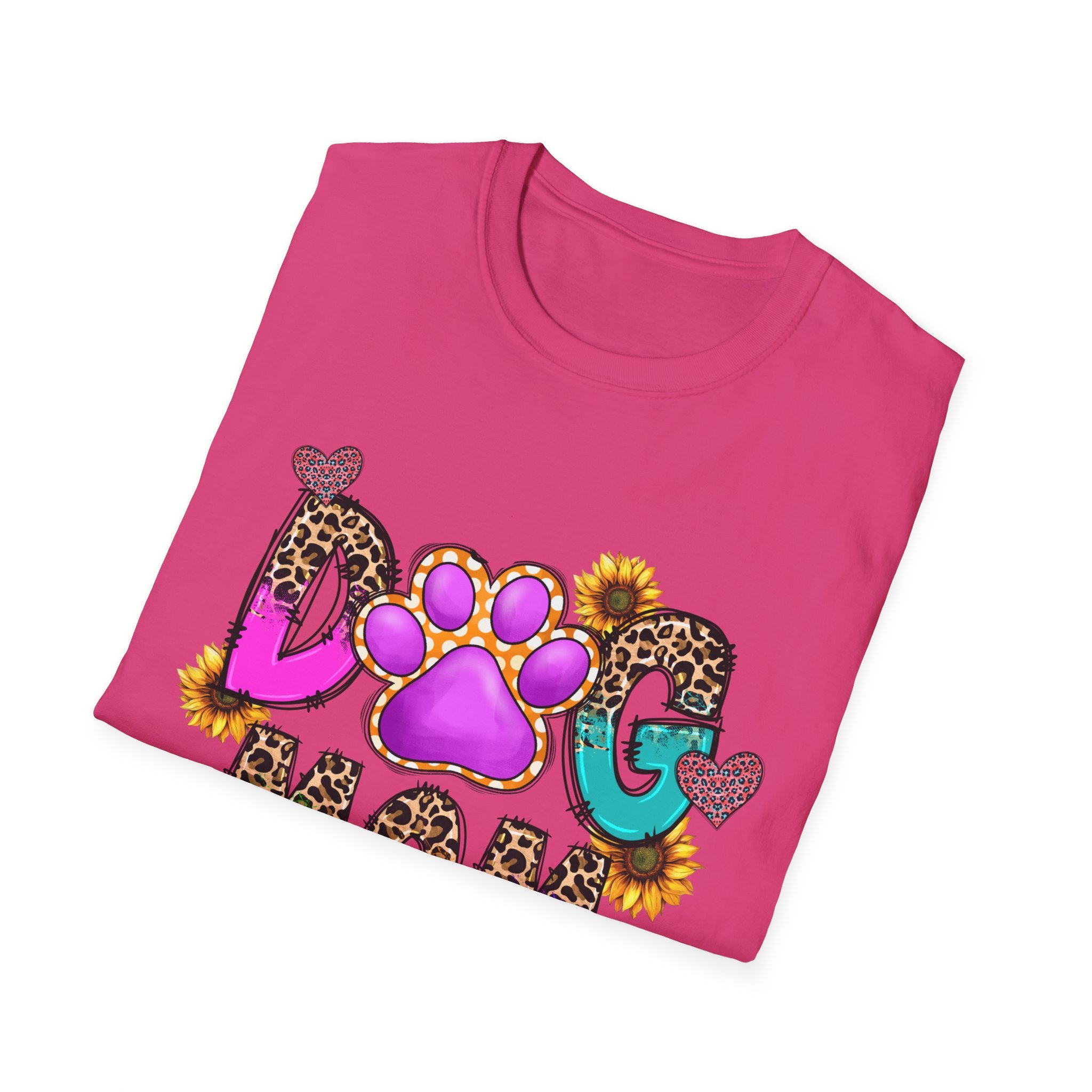 Dog Mom colorful paw print design T-Shirt | leopard hearts sunflower accents