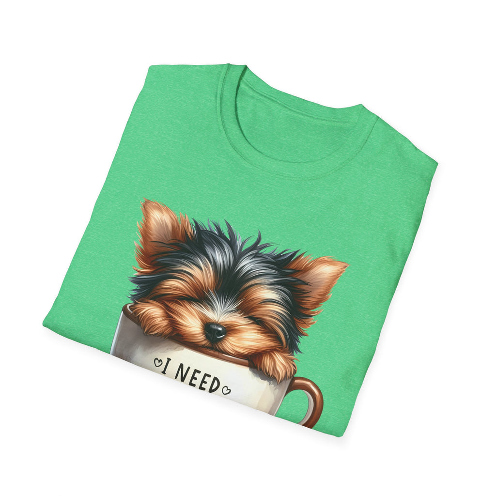 Cute Yorkie in Coffee Cup T-Shirt | I Need Coffee Puppy Graphic Tee