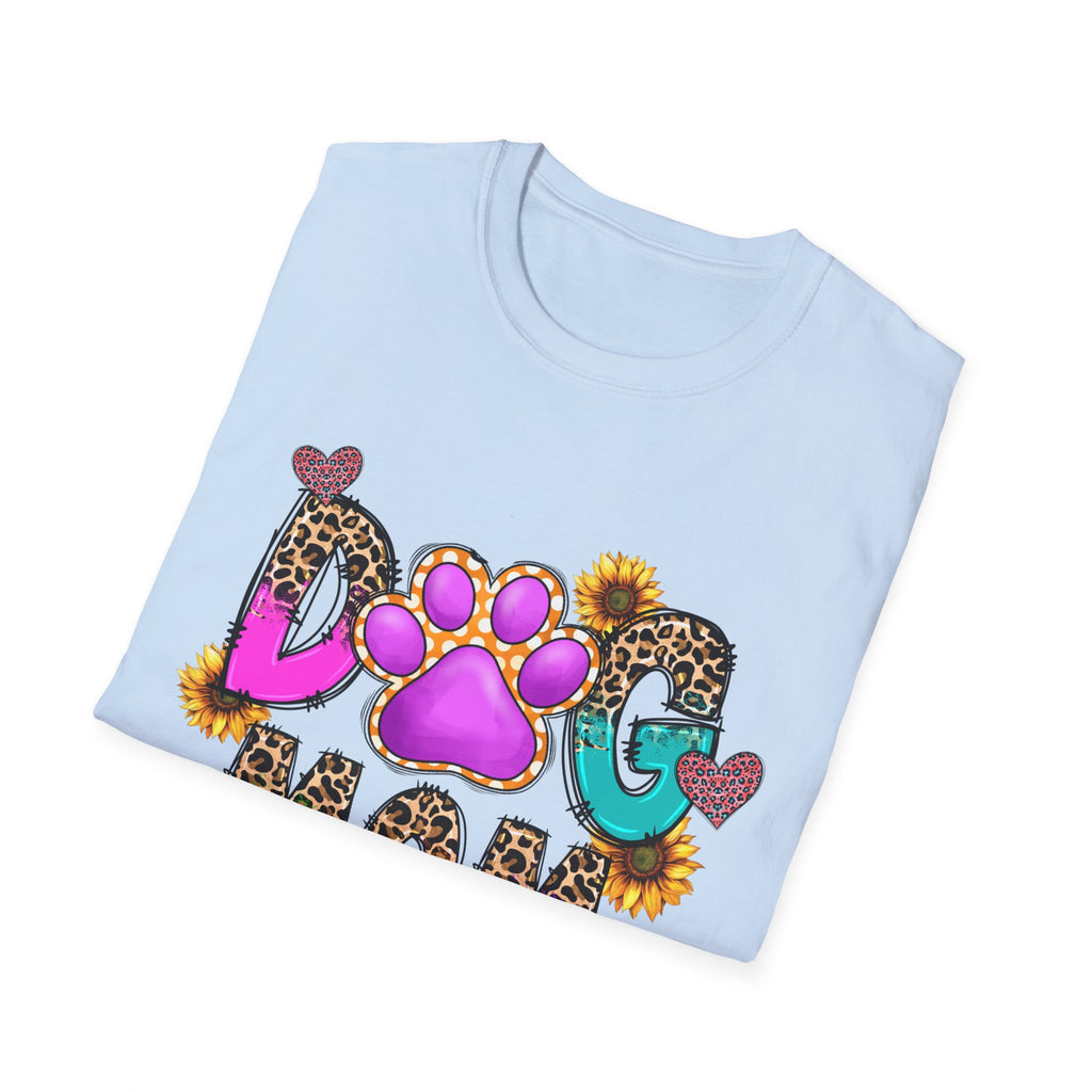 Dog Mom colorful paw print design T-Shirt | leopard hearts sunflower accents