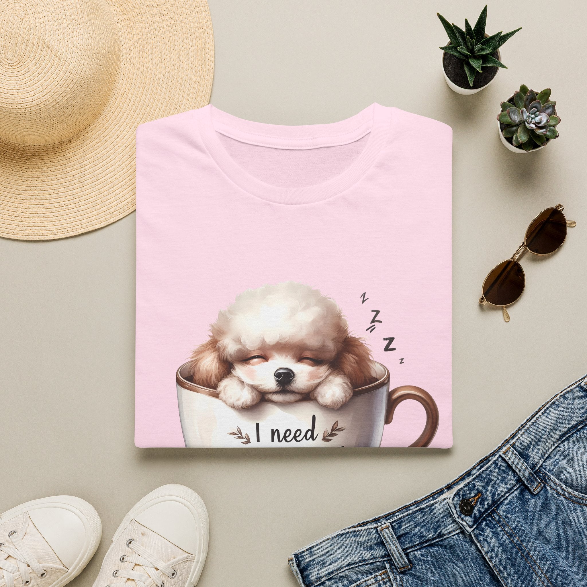 Sleeping Puppy in Coffee Cup T-Shirt | I Need Coffee Dog Design
