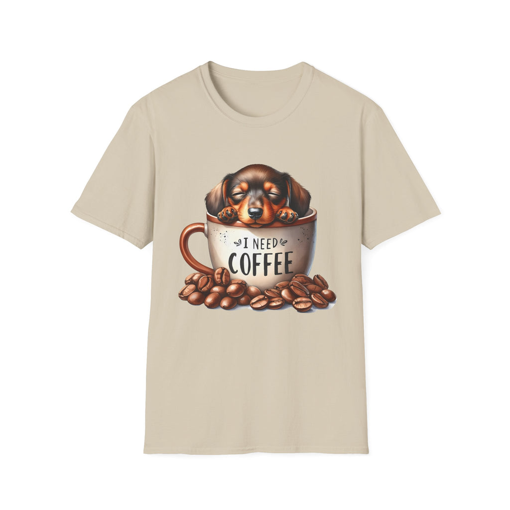 Sleepy Dachshund in Coffee Cup T-Shirt | I Need Coffee, Coffee Beans