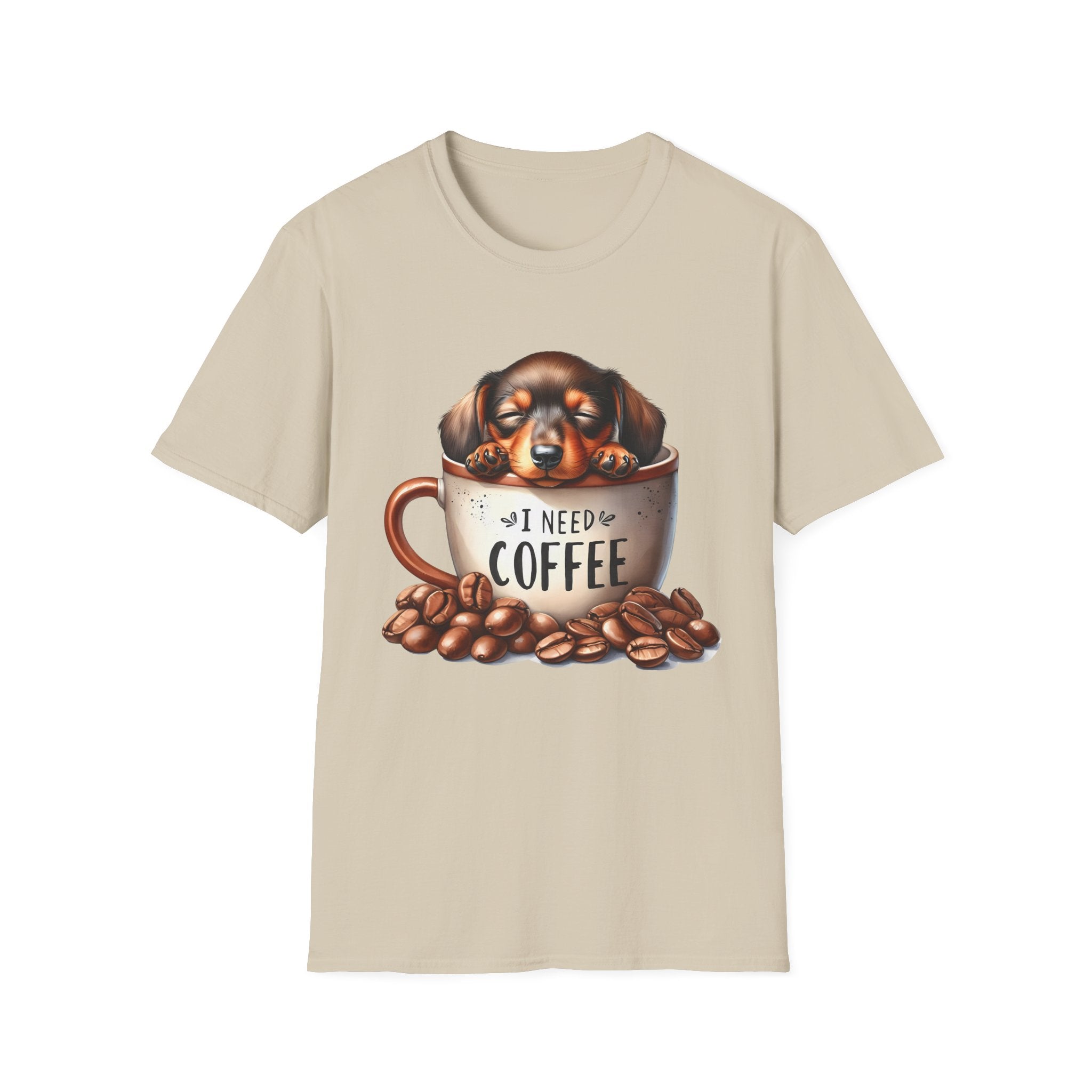 Sleepy Dachshund in Coffee Cup T-Shirt | I Need Coffee, Coffee Beans