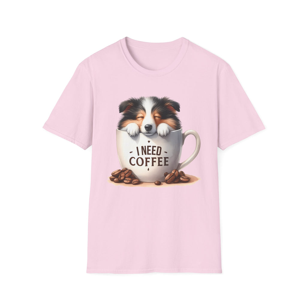 I Need Coffee Dog T-Shirt | Coffee Cup, Shetland Sheepdog Illustration