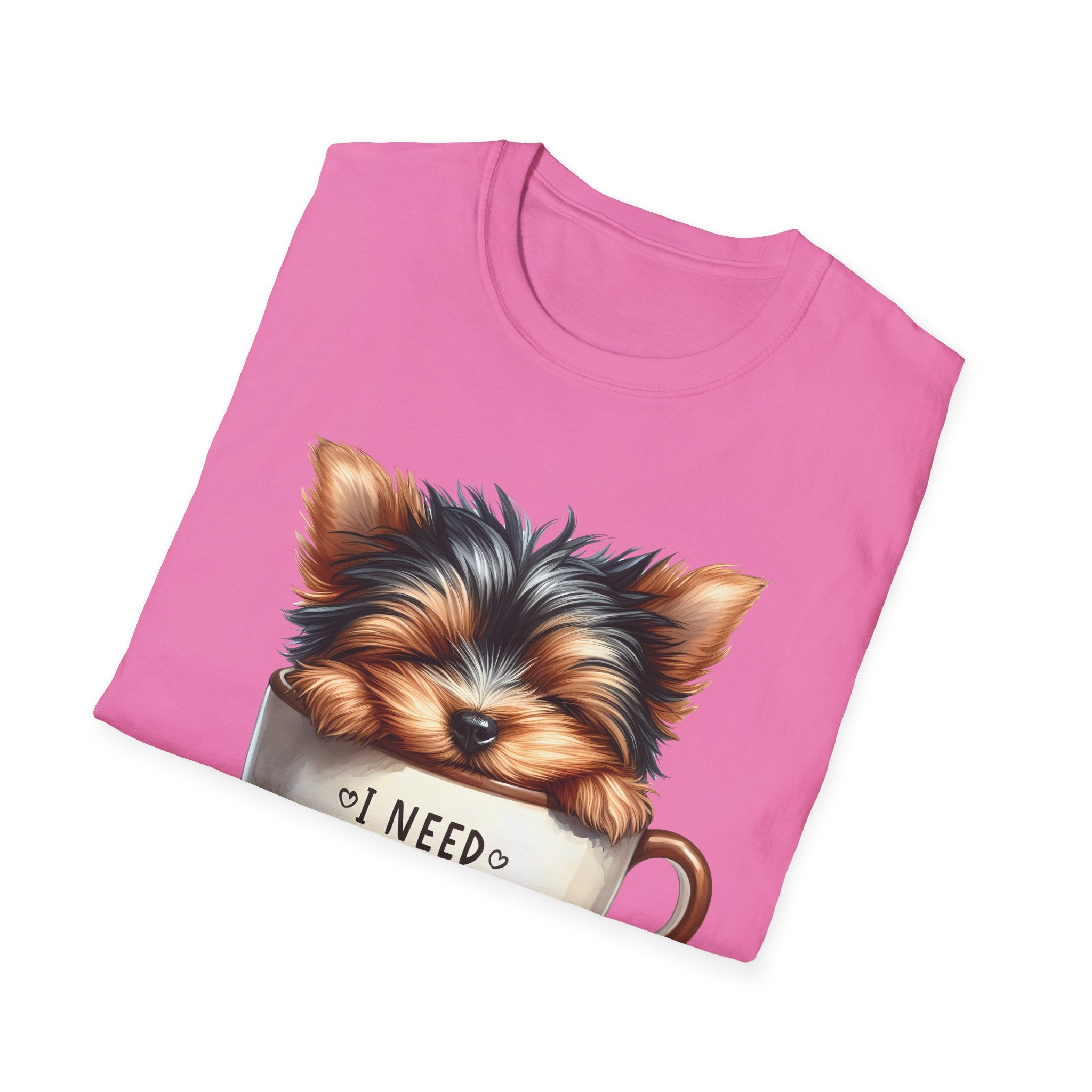 Cute Yorkie in Coffee Cup T-Shirt | I Need Coffee Puppy Graphic Tee