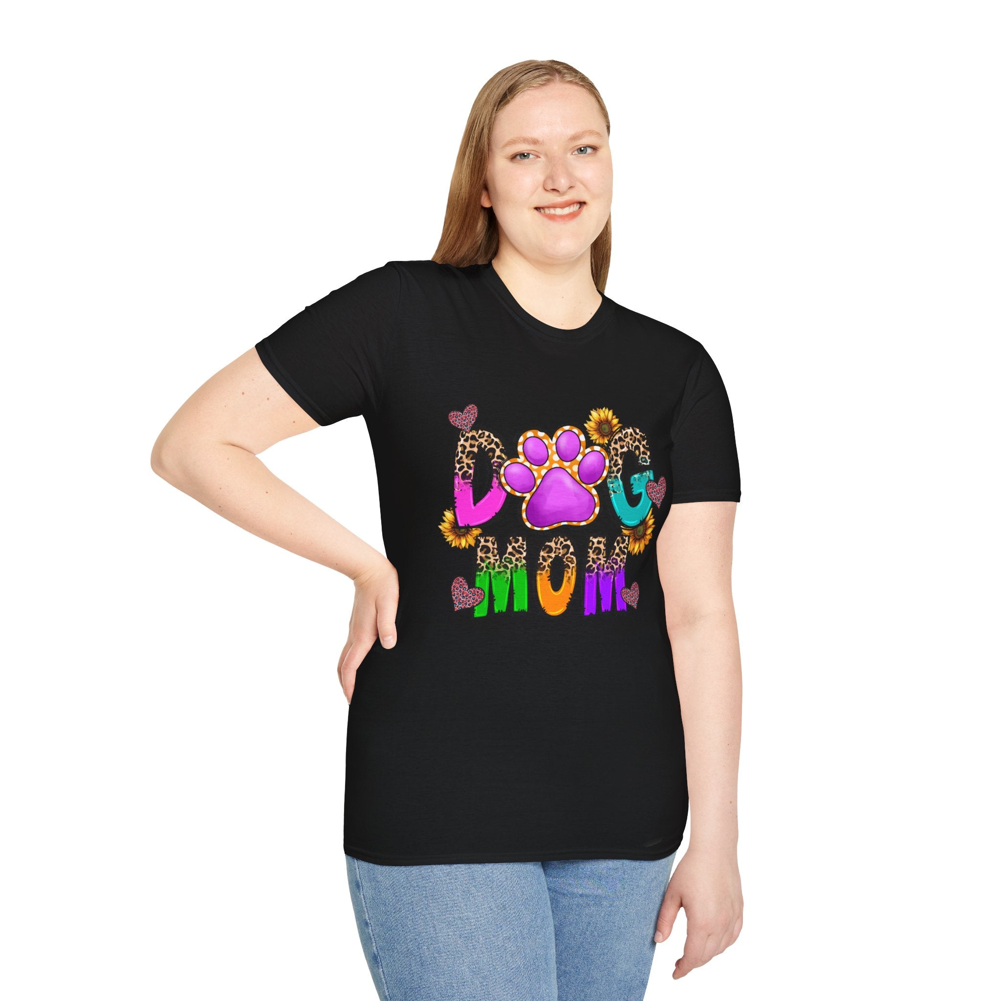Dog Mom colorful paw print design T-Shirt | leopard hearts sunflower accents