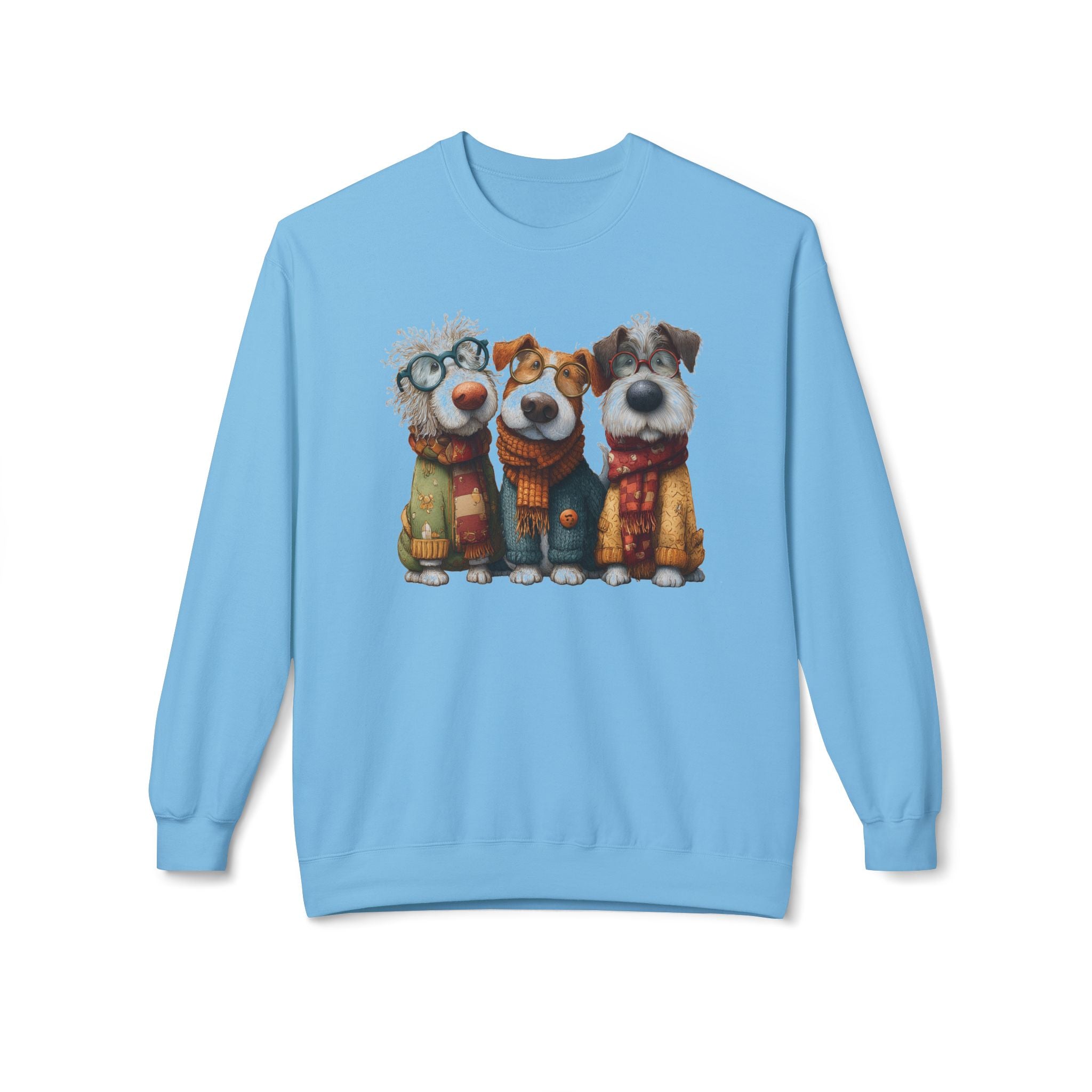 Three Cartoon Dogs in Scarves Sweatshirt | Cute Winter Pup Trio