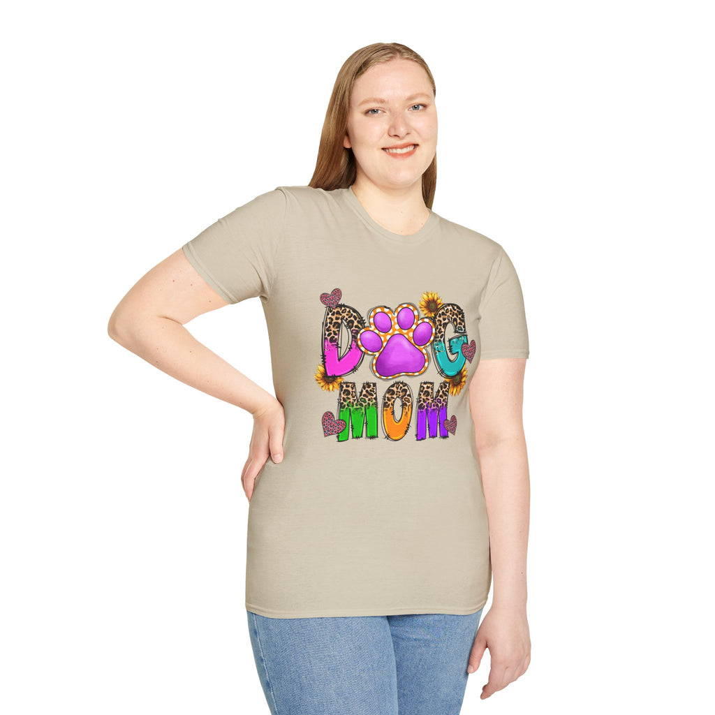 Dog Mom colorful paw print design T-Shirt | leopard hearts sunflower accents