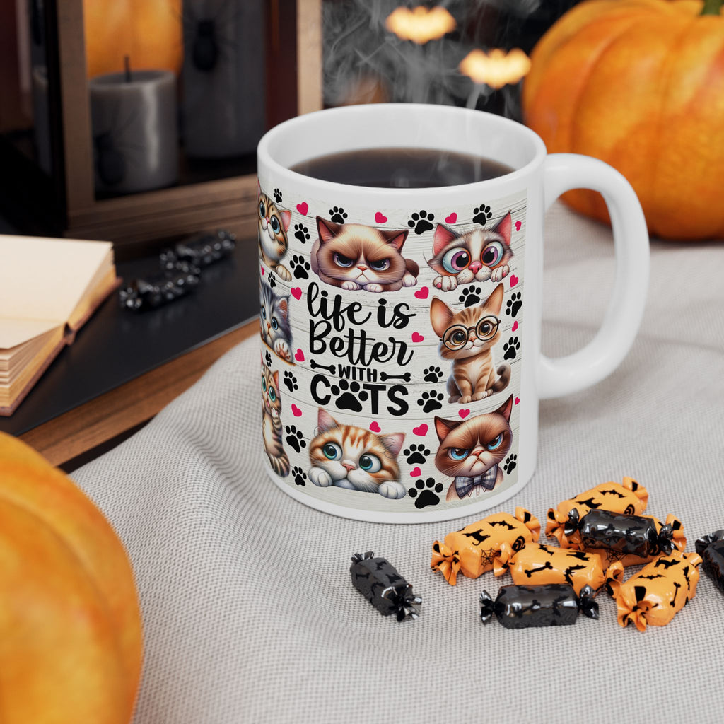 Cute Cartoon Cats Mug | Cute Cat Faces, Paw Prints Pattern Ceramic Mug